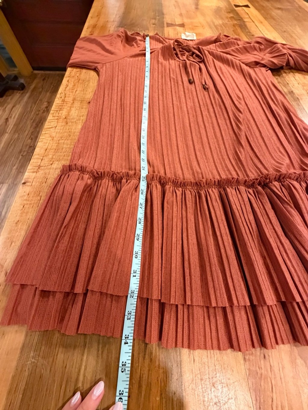Dress Up Pleated Rust Terracotta Shift Mini Dress Bell Sleeve Boho Tiered M