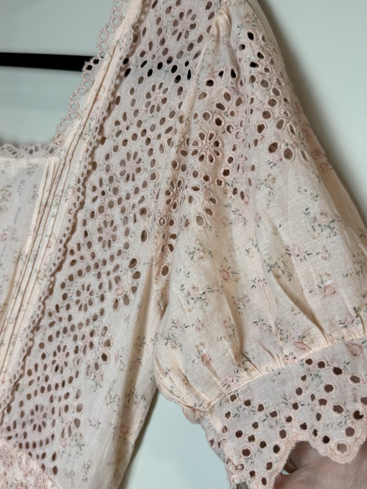 LoveShackFancy Helena Pink Eyelet Floral Square Neck Puff Sleeve Maxi Dress SZ 8