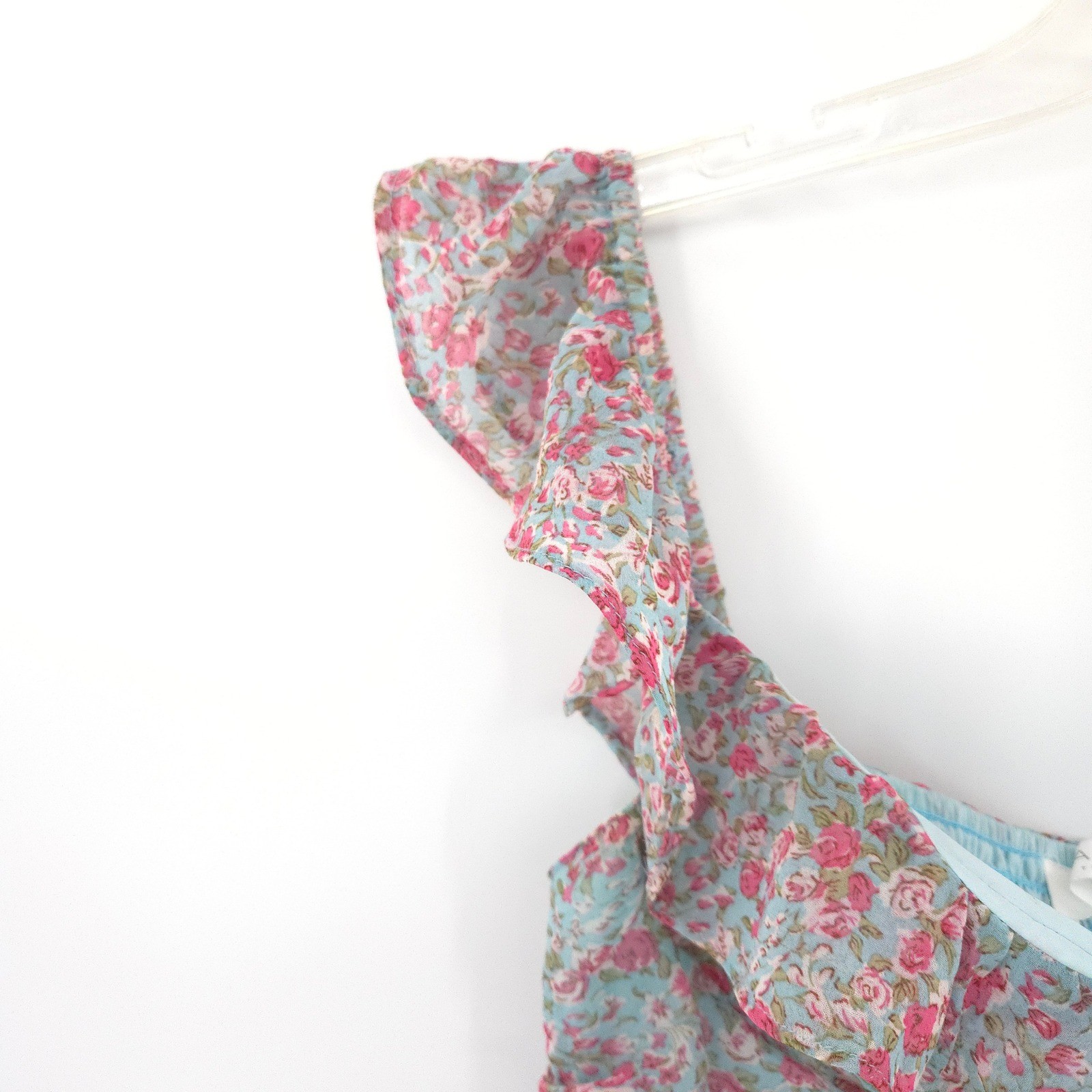 ASTR The Label Mini Dress Womens Small Teal Pink Floral Ruched Ruffle