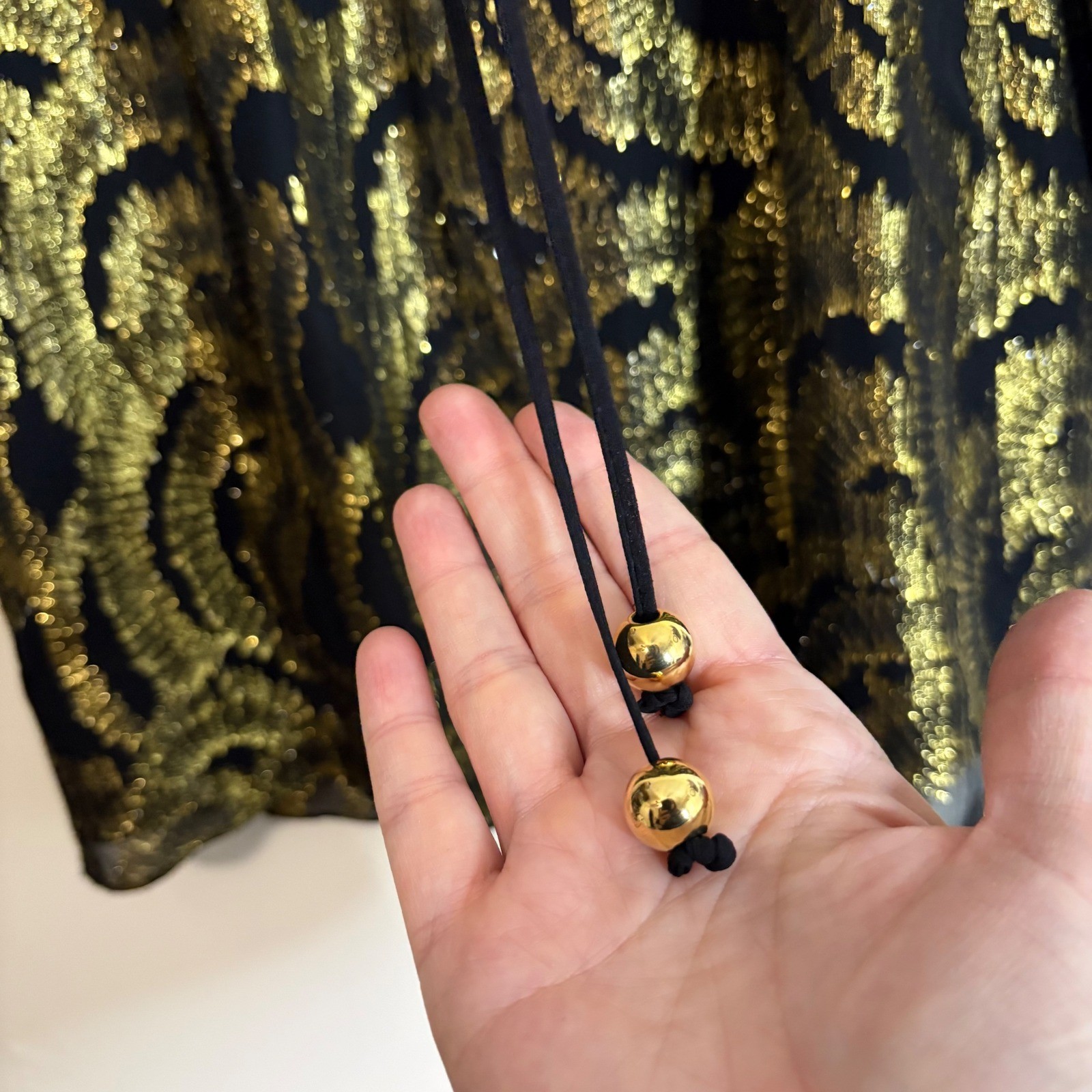 Milly New York Black Gold Metallic Silk Long Sleeve Dress with Tie Back Size 6