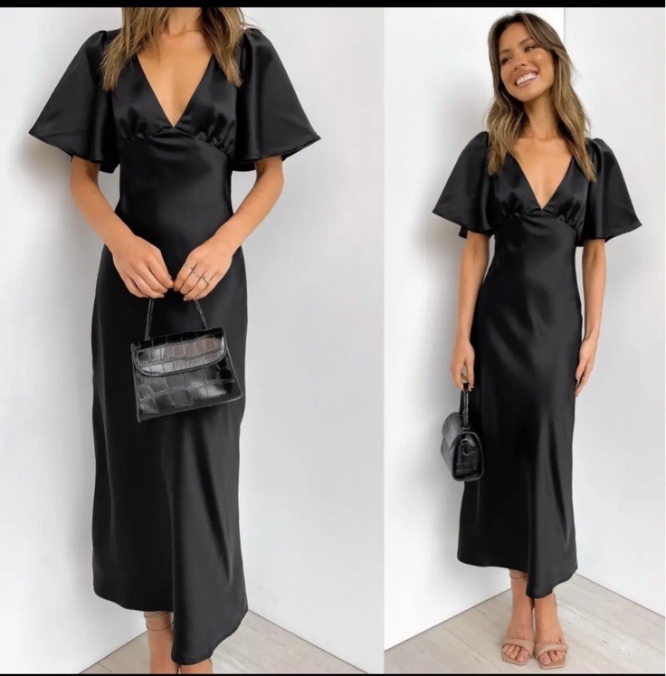 NEW Petal And Pup Marilyn Maxi Midi Dress Size 6 Flowy Wedding Black Satin