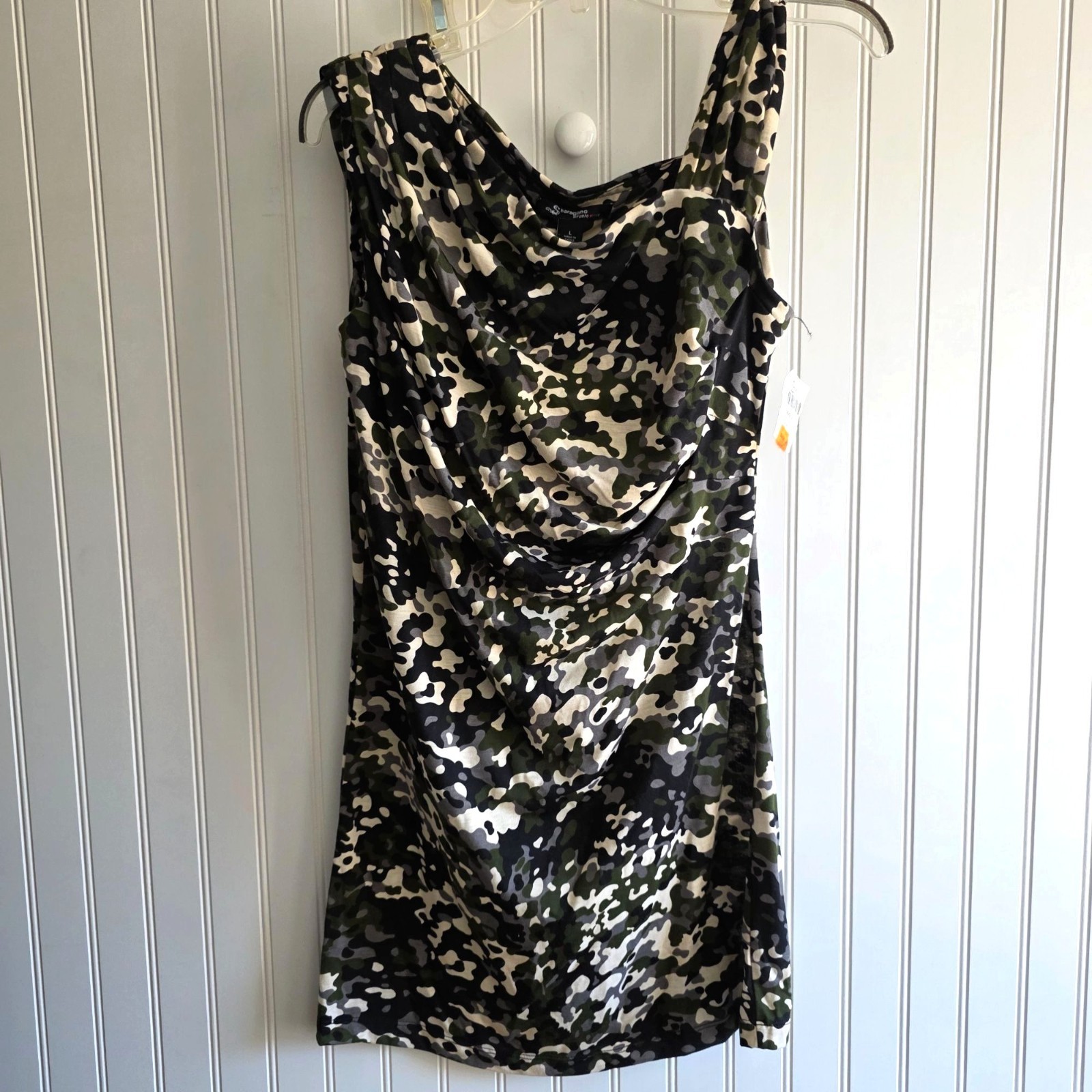 Sharagano Camouflage Draped-Neck Dress L Multi Feminine Y2k Military Bodycon