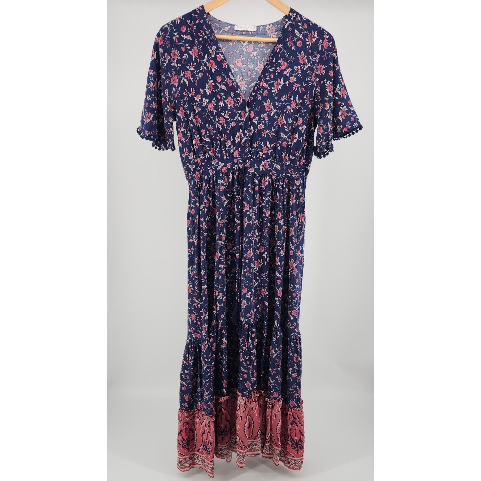 R.Vivimos Womens Navy Pink Floral Boho Midi Dress Pom Trim Tiered Size M 8/10