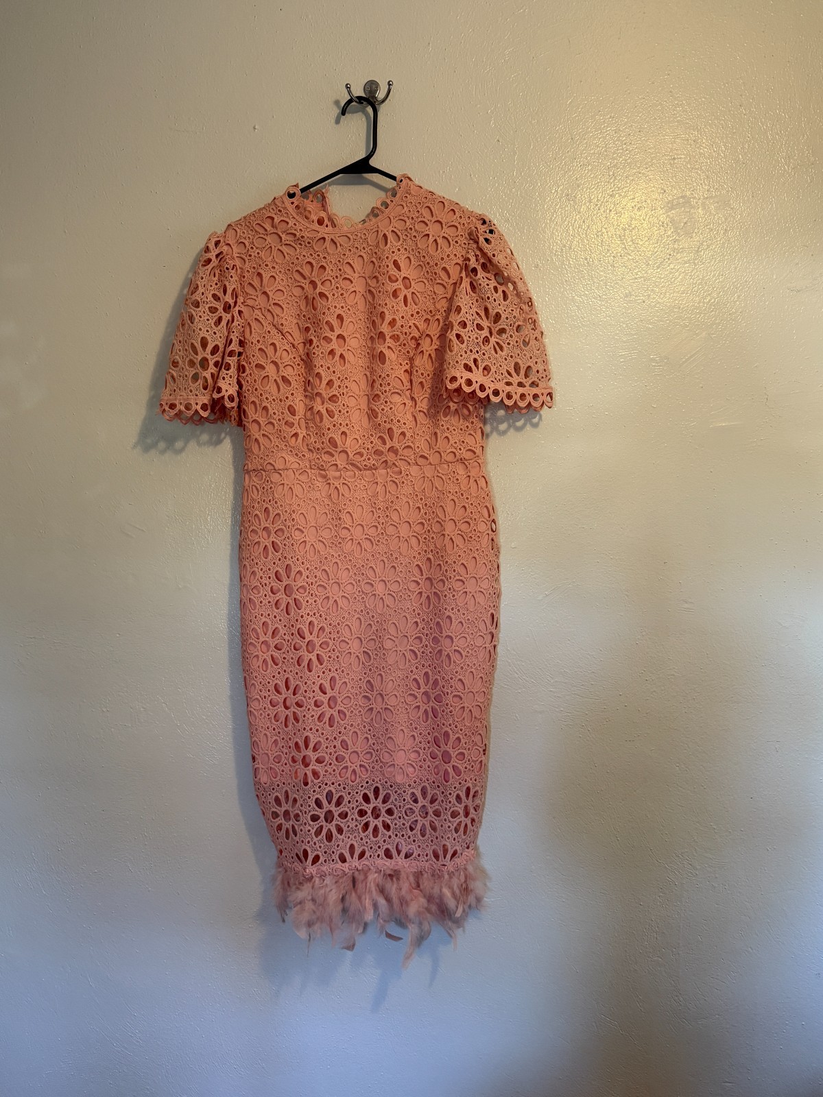 Aomei Womens L Pink Lace Midi Dress Short Sleeve Eyelet Sheath Elegant Occasion