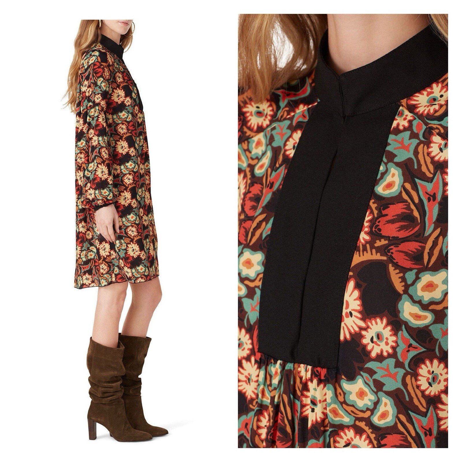 Anna Sui Larkspur Fields Floral Shift Dress Black Size 2 90s Vintage 🟡