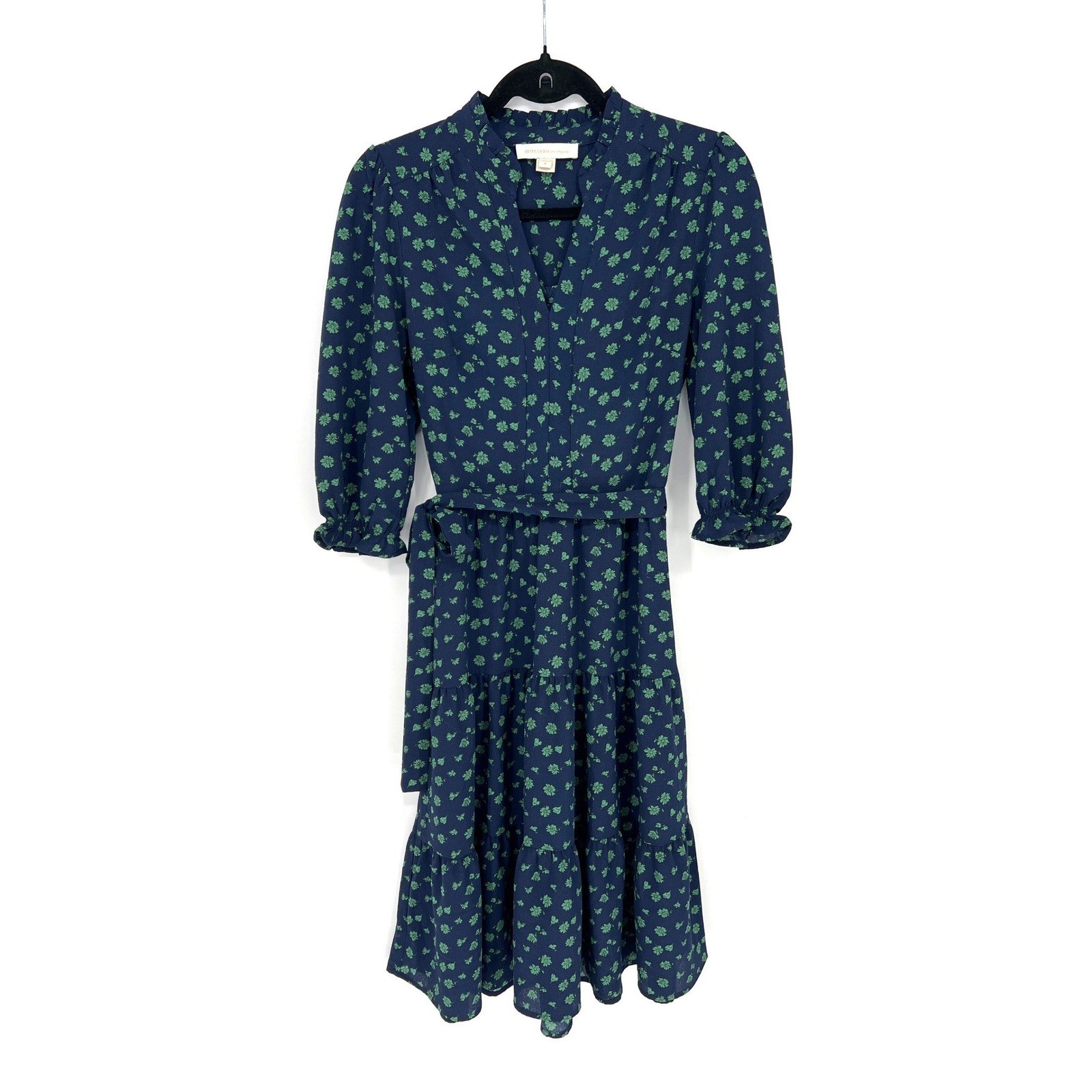 Monteau Los Angeles Navy Green Floral Tiered Midi Dress Small Cottagecore Brunch
