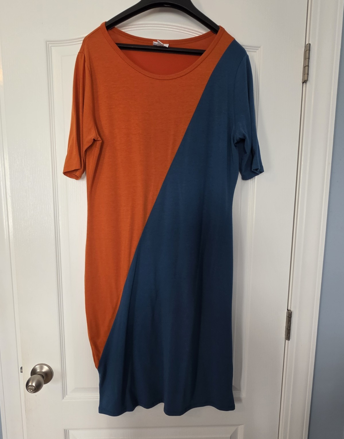 LuLaRoe 2XL Blue & Orange Colorblock T-Shirt Dress Knee Knit Stretch Julia Dress