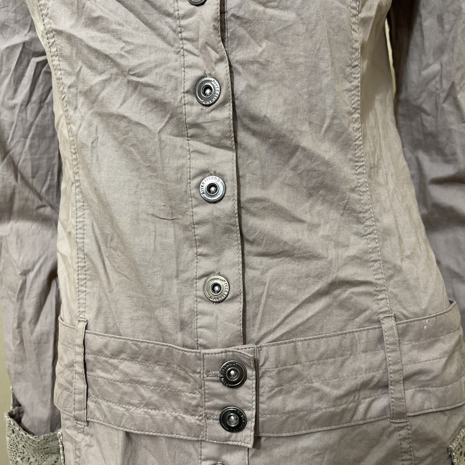Women’s Beige Cotton Casual Collared Belted Lace Pickets Size S Button-up Dress