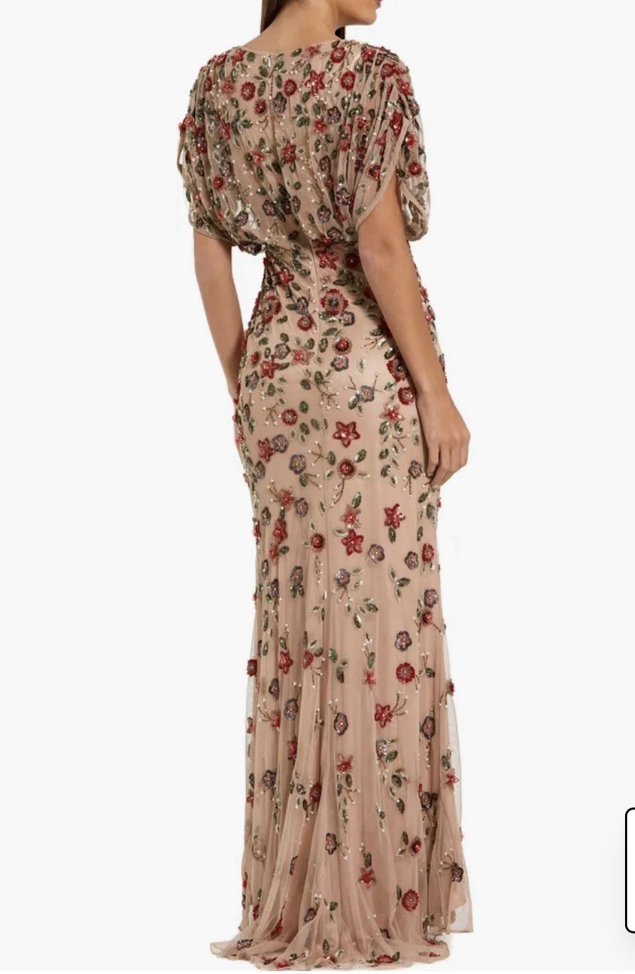 Mac Duggal Floral Beaded Embroidered V-Neck Mesh Lined Long Gown 4 Rose