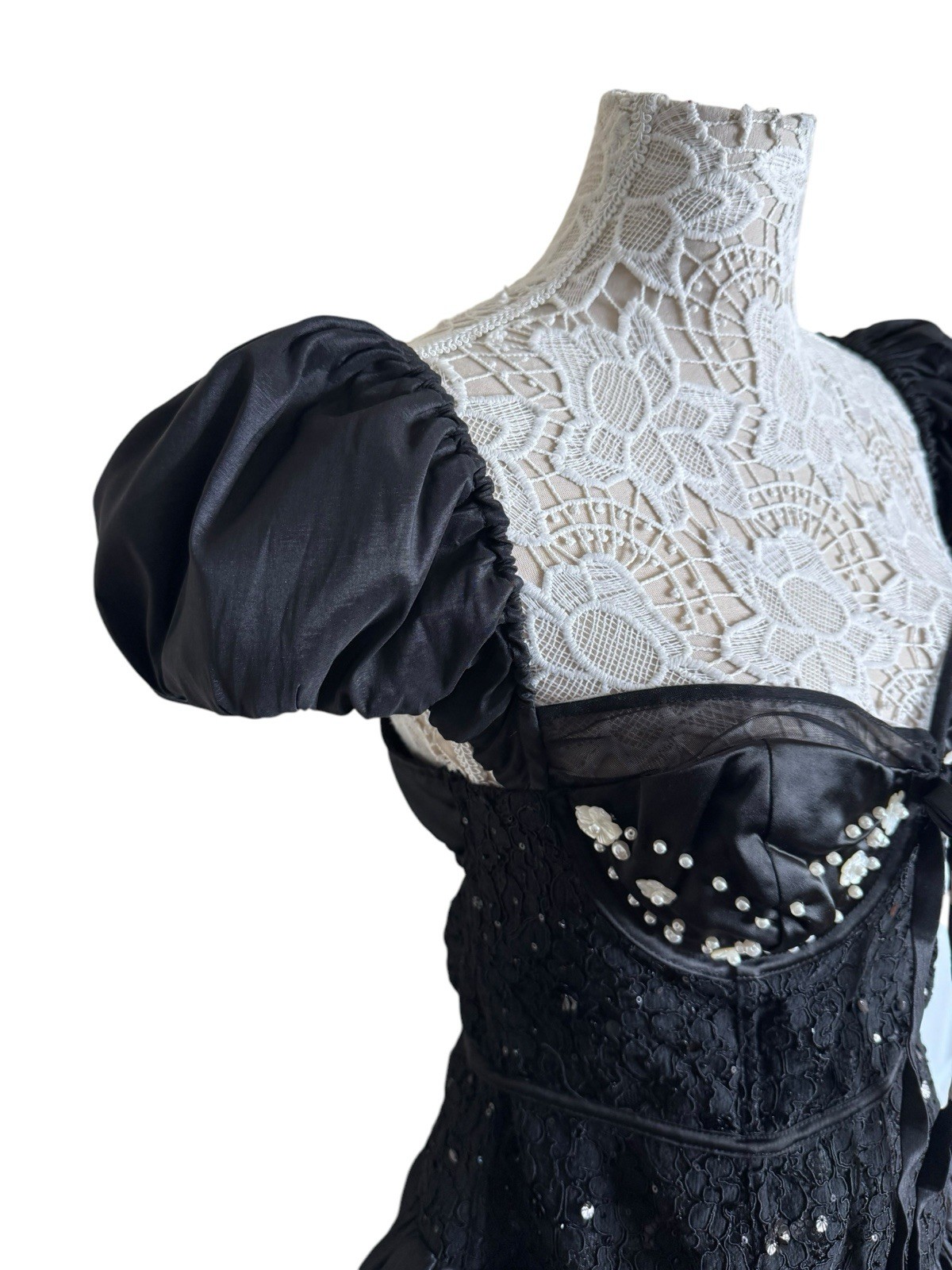 NWT For Love & Lemons Mckenna Mini Bubble Hem Lace Bustier Dress Black X-Large