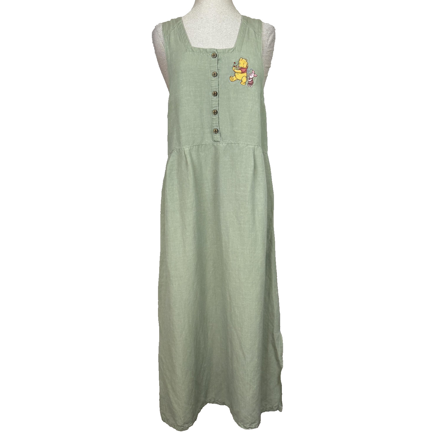 The Disney Store Dress Womens M Green Linen Winnie The Pooh Piglet Maxi Sundress