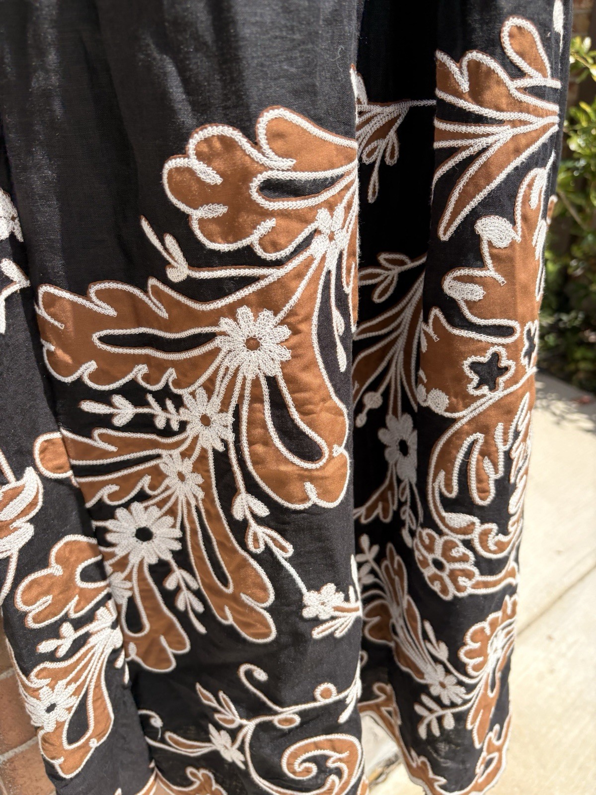 Anthropologie Black Appliqué Midi Maxi Dress with Tan Floral Embroidery size XXS