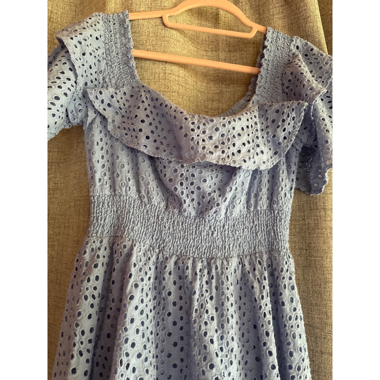 Kendall & Kylie Blue Eyelet Lace Maxi Dress Tiered Smocked Ruffle Flutter Sleeve