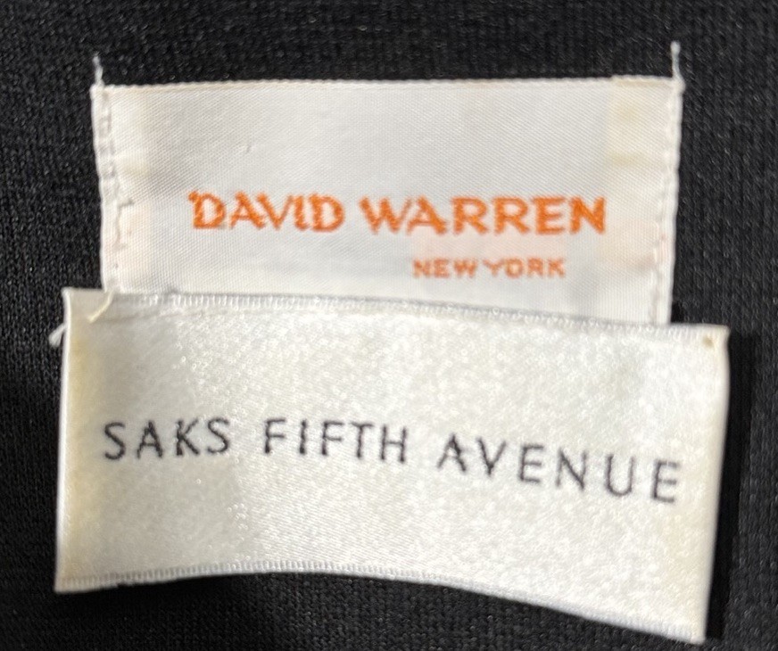 VINTAGE David Warren Saks Fifth Avenue Black Wool Dress Gold Brooch 80s Sz 10