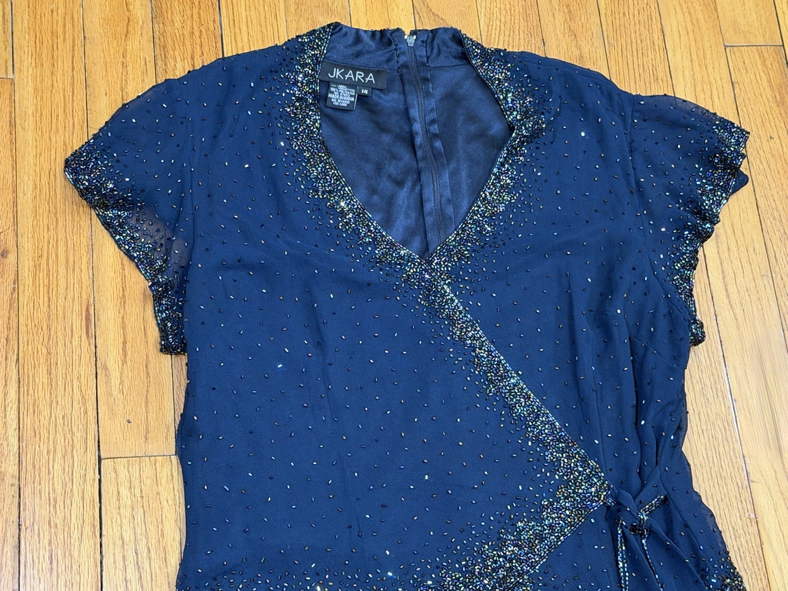 JKARA Beaded MaxiDress Navy Blue Flutter Sleeve Formal Evening Wedding Womens 14