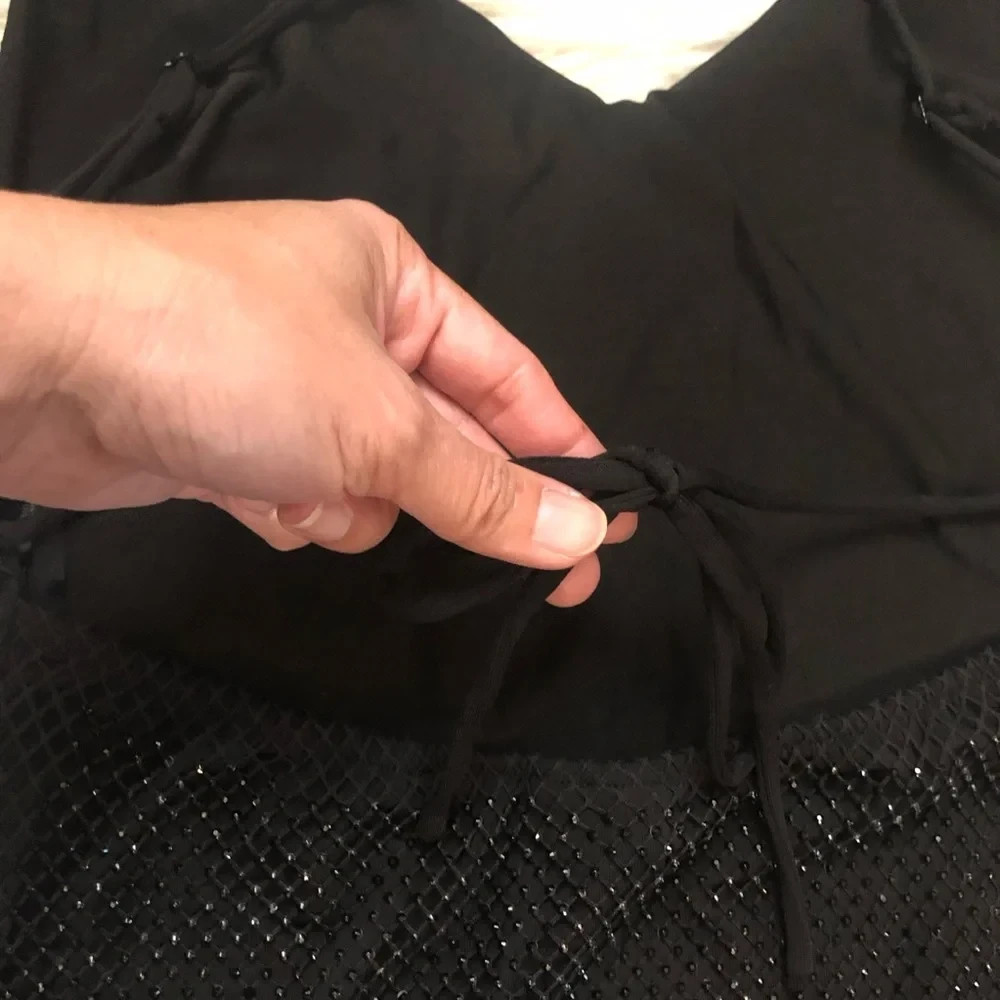 Windsor Good Vibes Fishnet Rhinestone Open Back Black Midi Dress L NWT