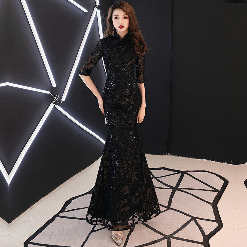 Fish Tail Cheongsam Chinese Qipao Performance Evening Dress Long Sleeved Women’s