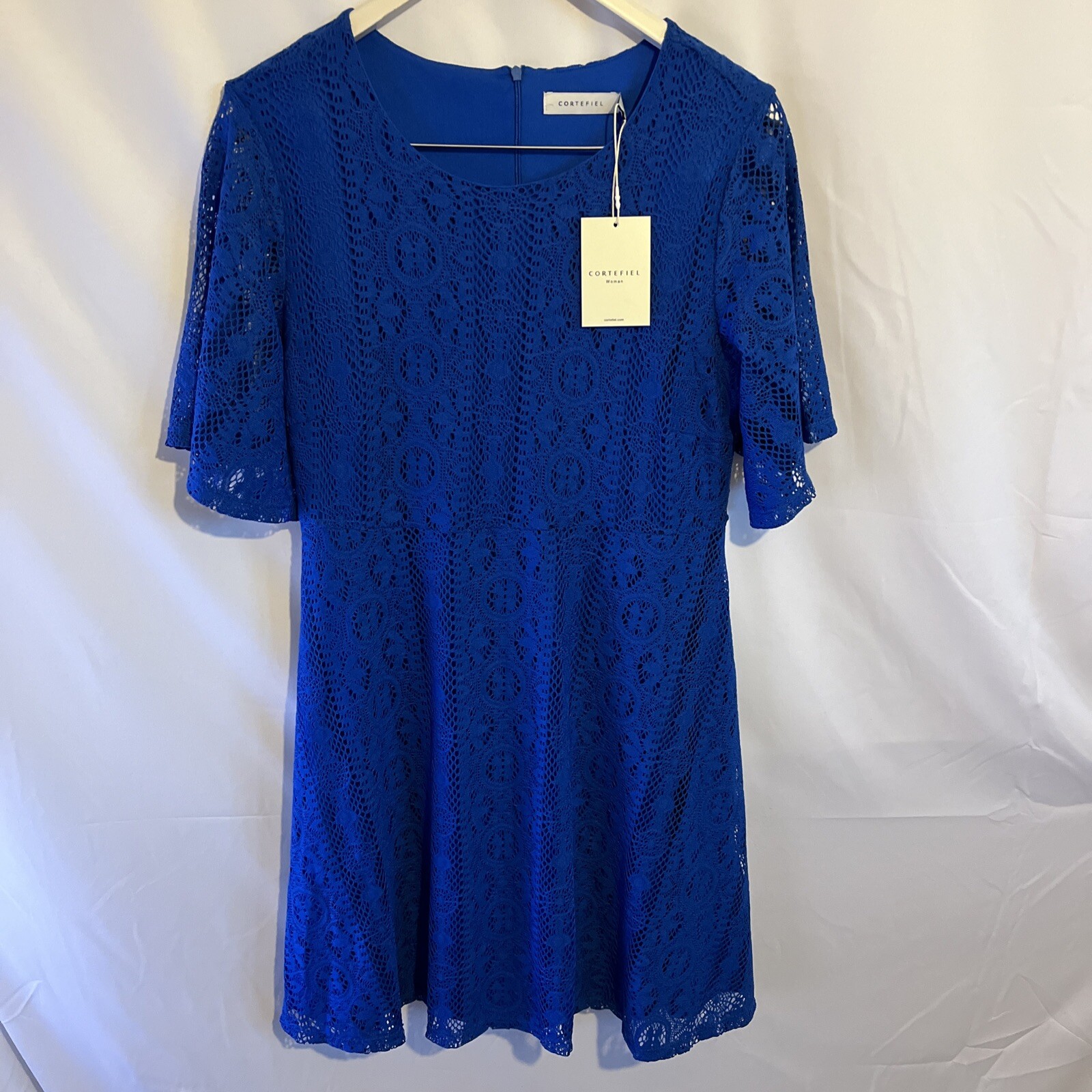 Cortefiel Women’s Blue Short Sleeve Lace Overlay Lined Dress Size 12 New
