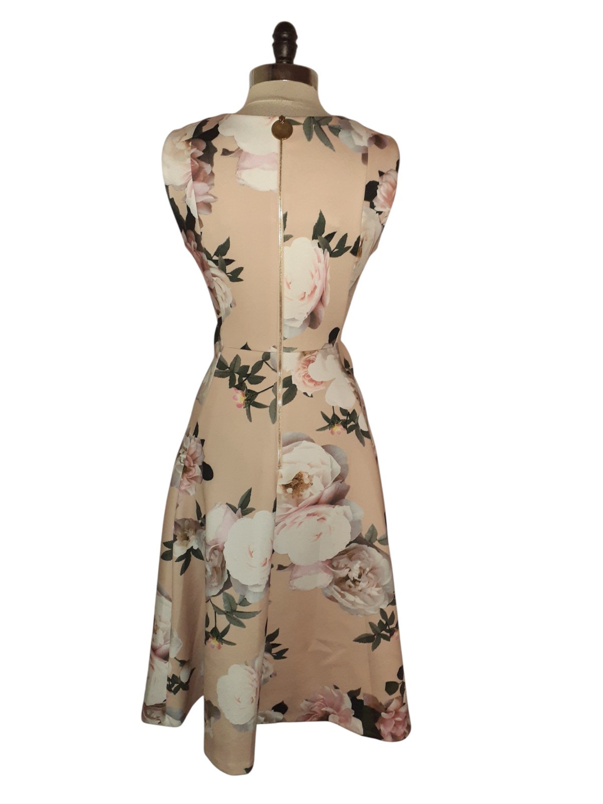 CALVIN KLEIN Size 12 A-Line Dress Beige Pink Grey Floral Sleeveless Stretch Midi