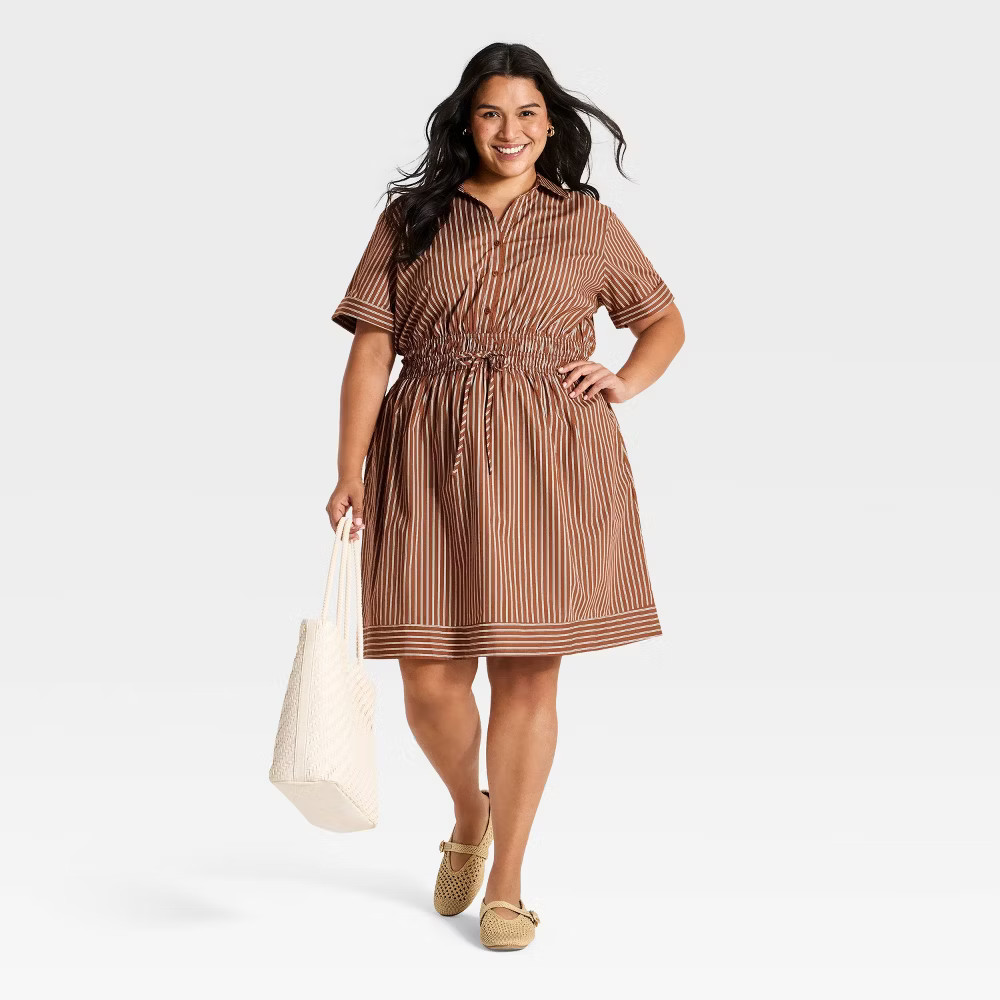 Women Plus Waist Tie Button Up Collared Mini Shirt Summer Dress –