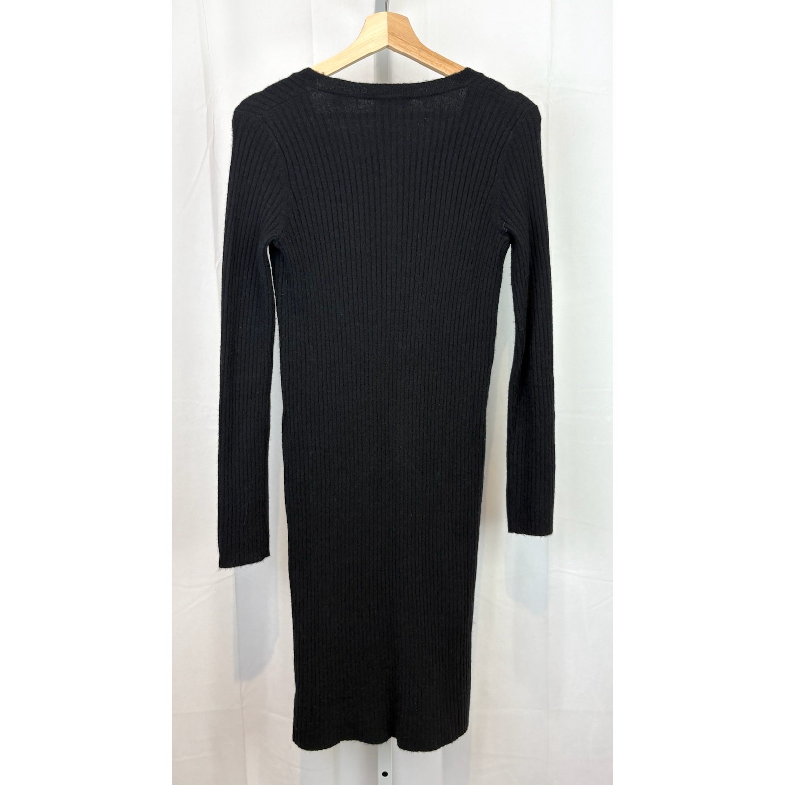 ATM Size XS Wide Ribbed Henley Midi Dress Long Sleeve Wool Cashmere Blend Black