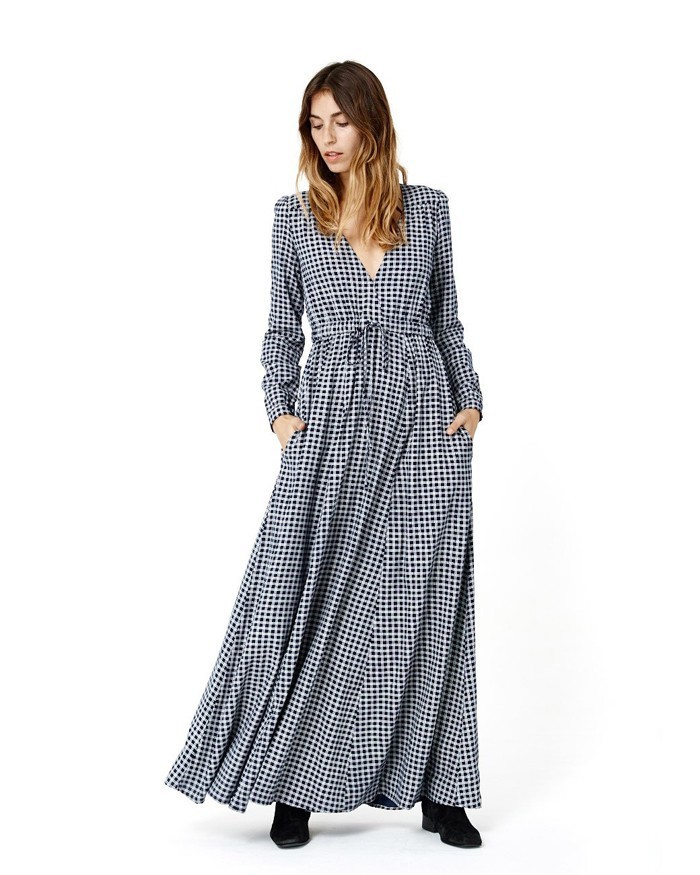 Christy Dawn Audrey Maxi Dress Navy Blue Check Plaid Size Small