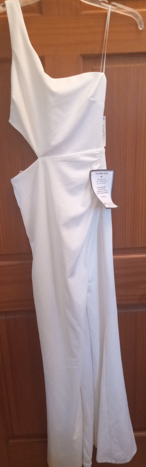 Crystal Doll Juniors’ One-Shoulder Long Gown, Ivory, Size 3, MSRP $79, Cut Out