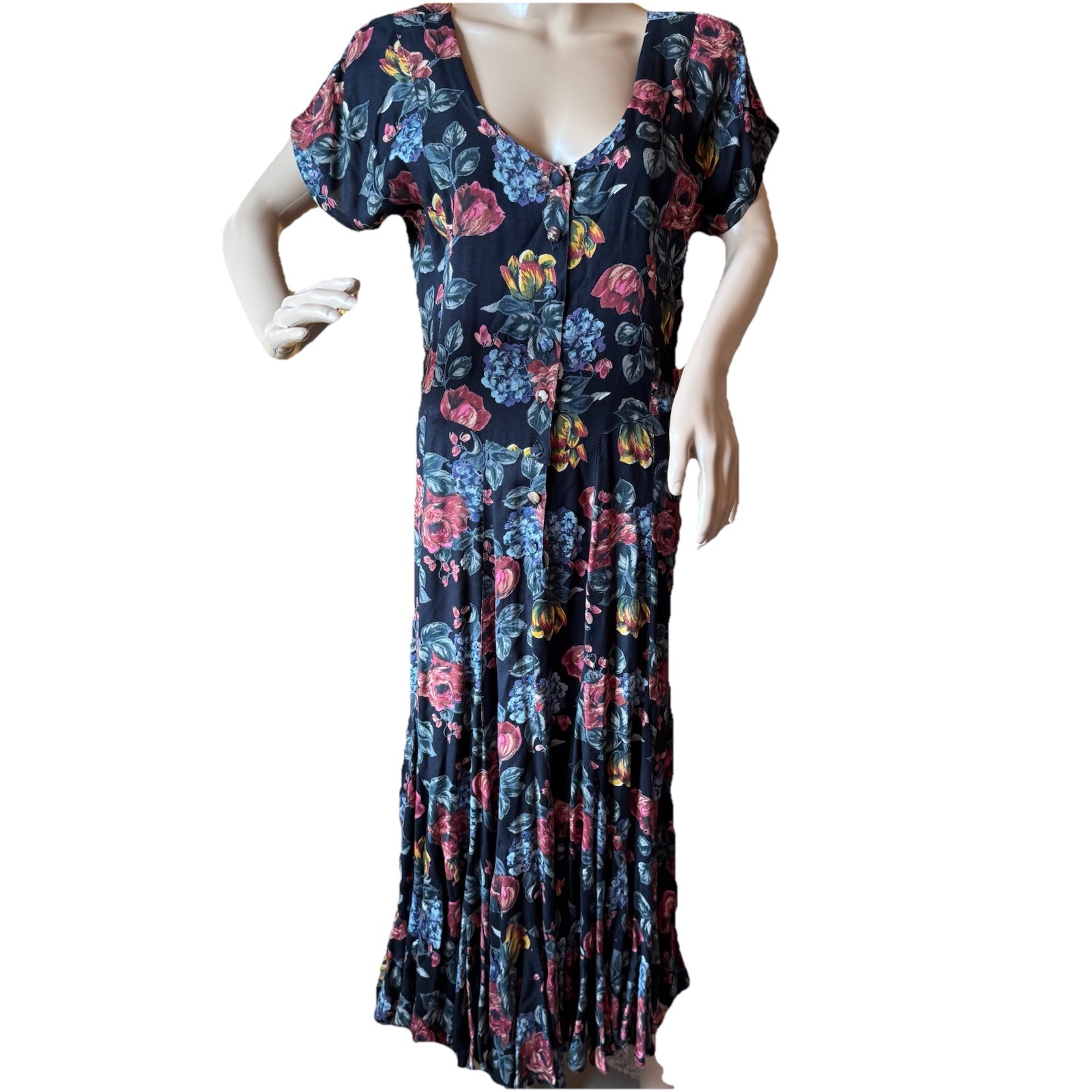 Vintage 90s Nostalgia Rayon Maxi Dress Size M Floral Cottagecore Boho Whimsigoth