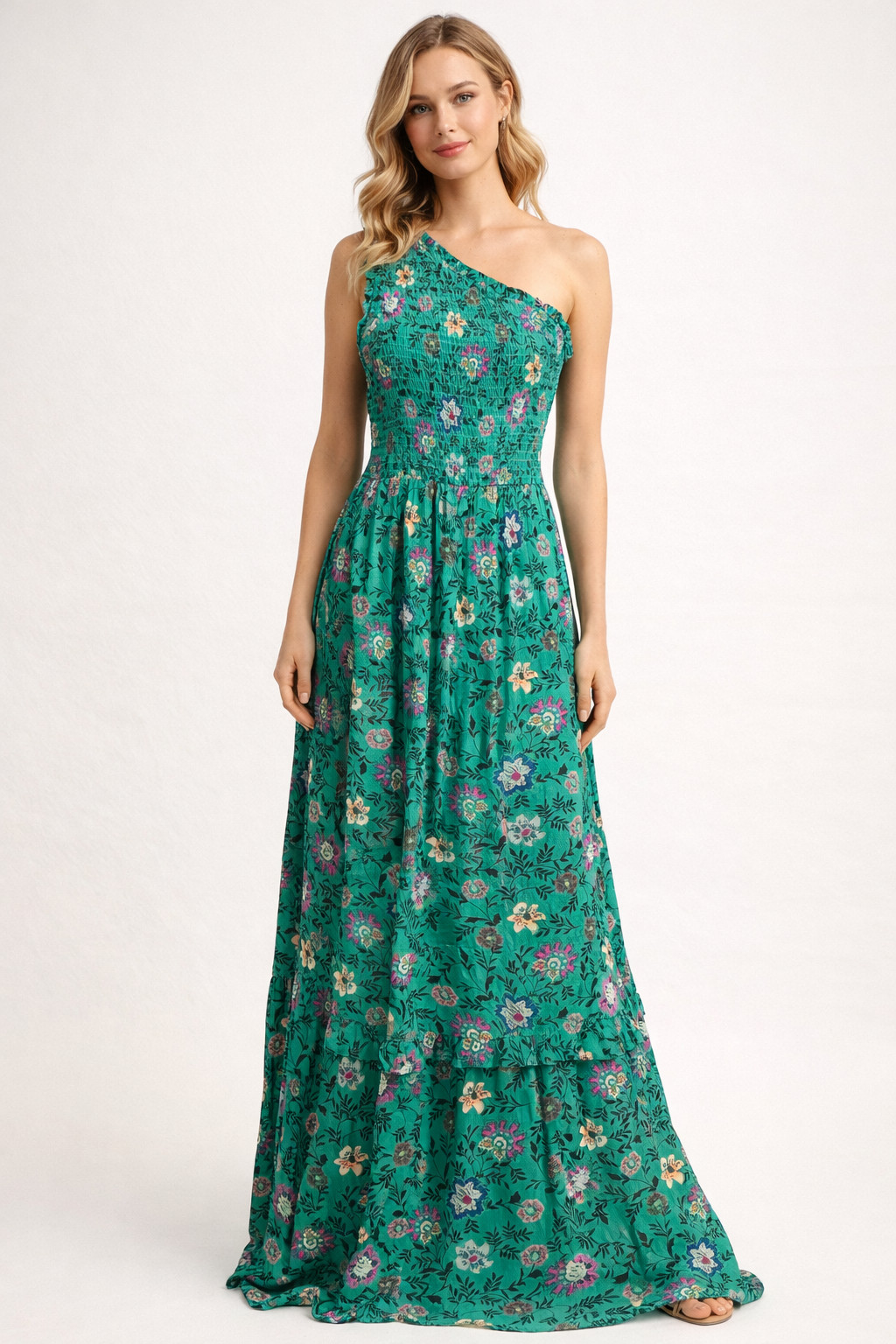 🌸 Knox Rose Green Floral Smocked Pockets Tiered 1 Shoulder Size S Maxi Dress 🌸