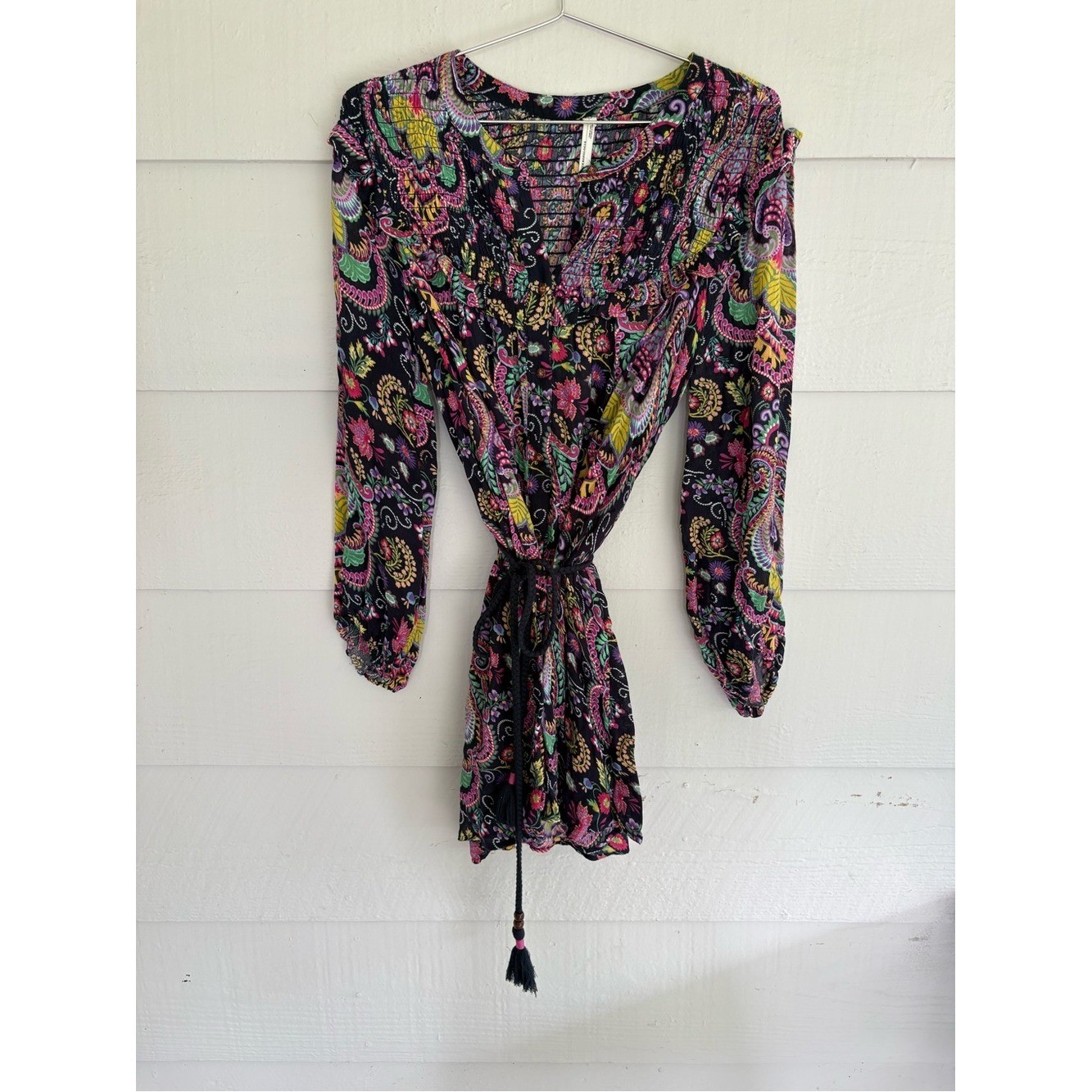 Anthropologie Blue Paisley Waist Tie Mini Long Sleeve Dress Small Boho Fairy