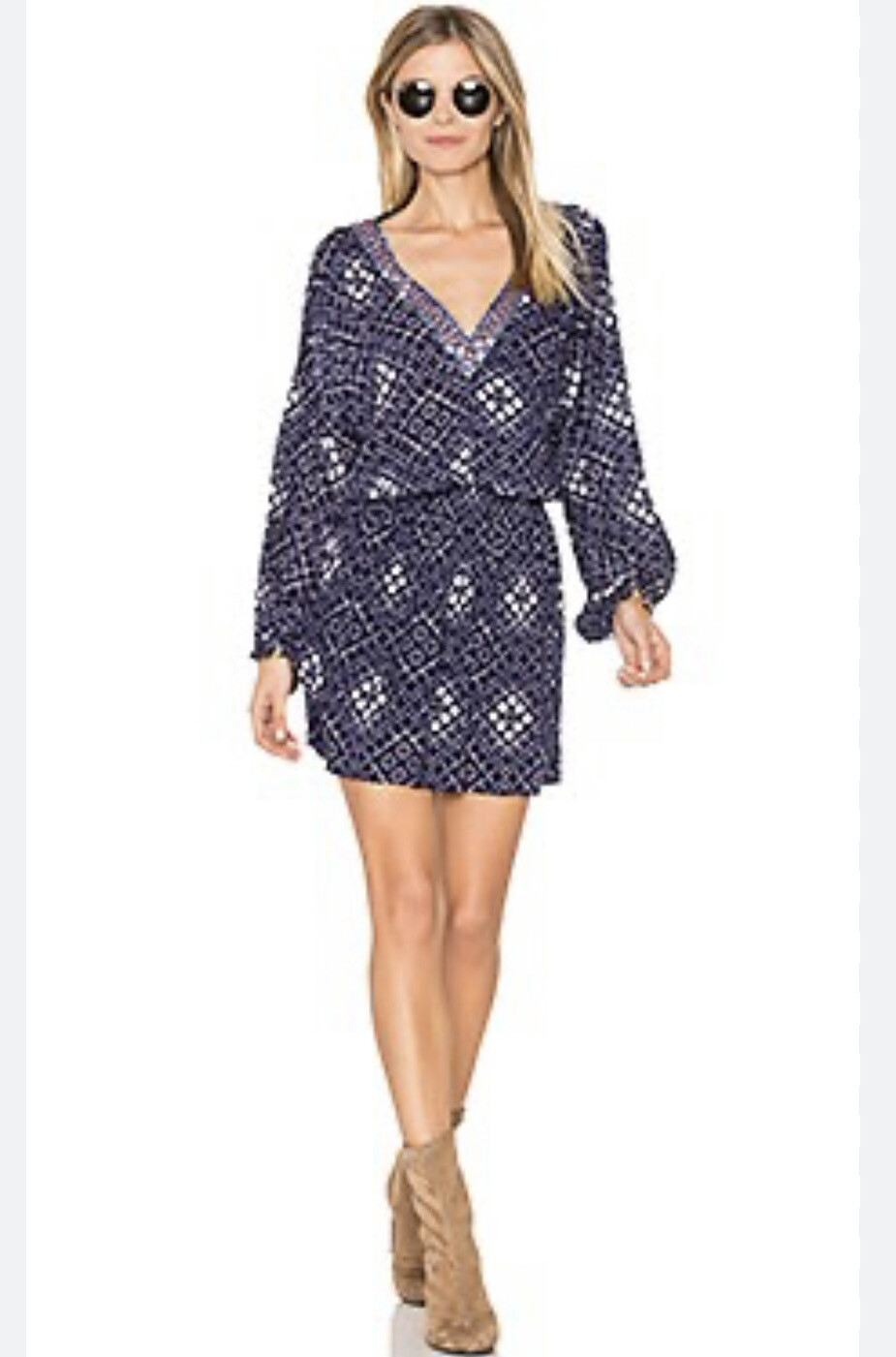 Ella Moss Lilia Dress In Navy Blue Size Small Embroidered Trim Geometric ED17801
