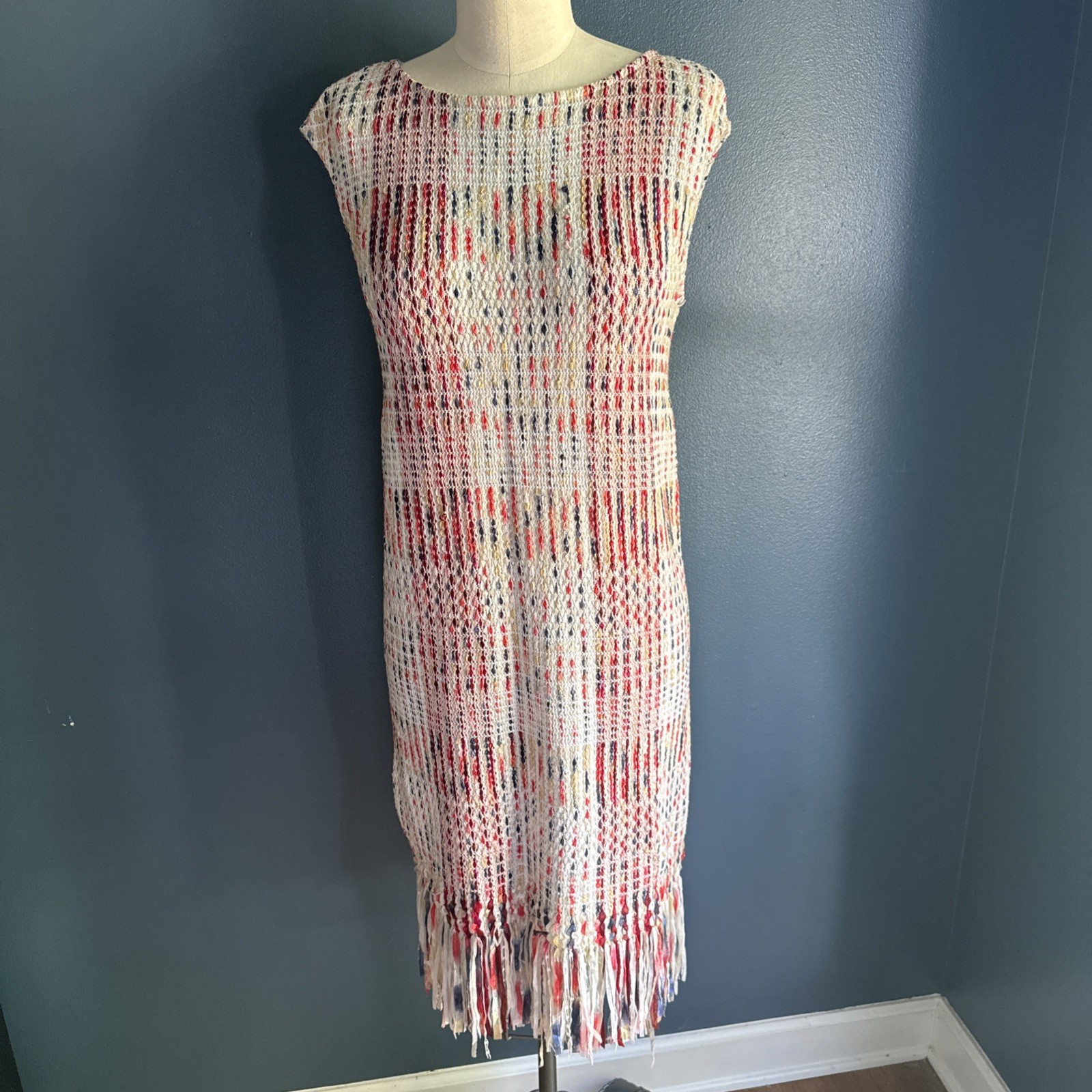 St. John Ribbon Knit Fringe Multicolor Sheath Dress Size 6