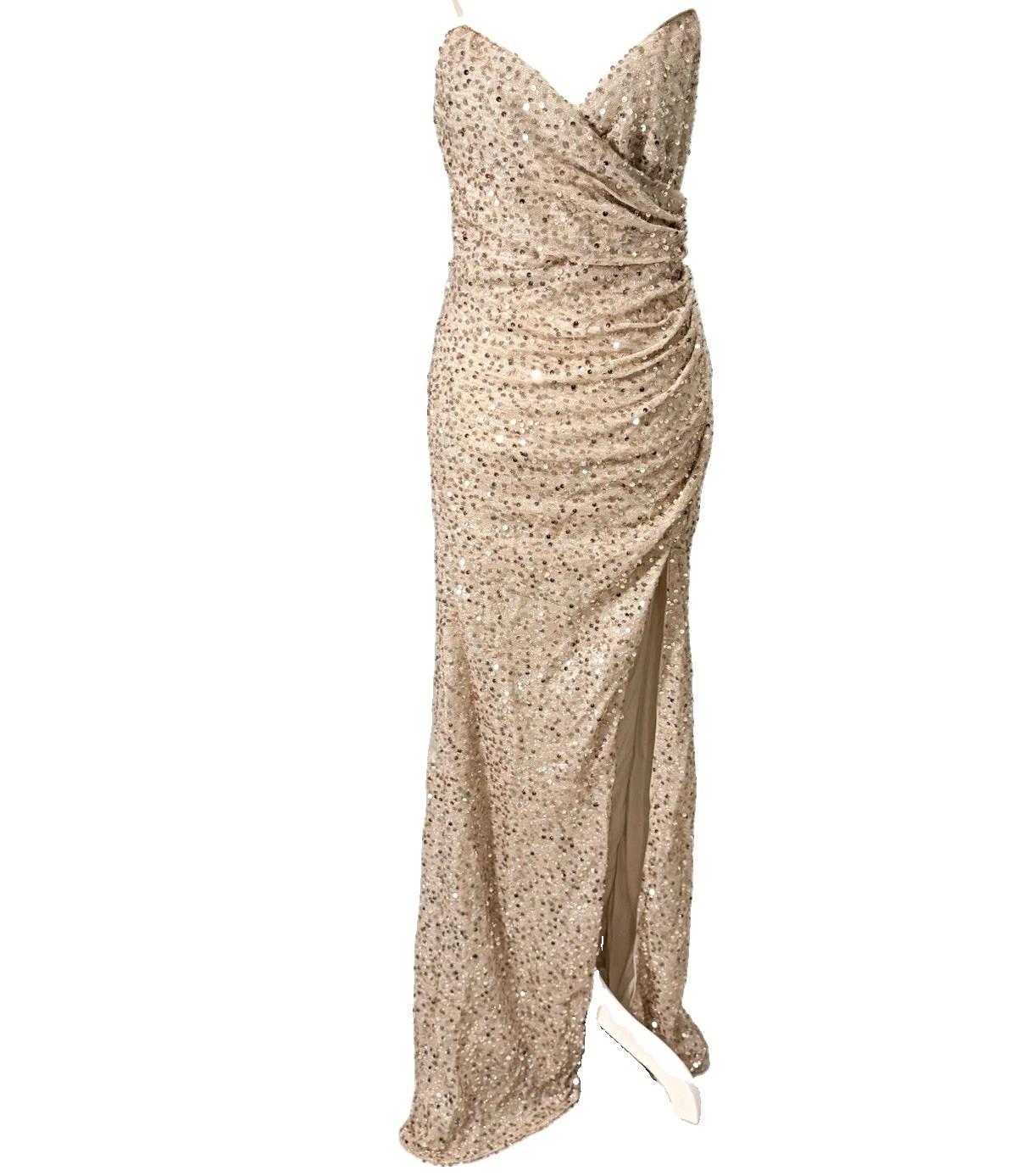 Alyce Women’s Long Sequin Gown Dress Size M Beige V-Neck Strappy Lined Zip