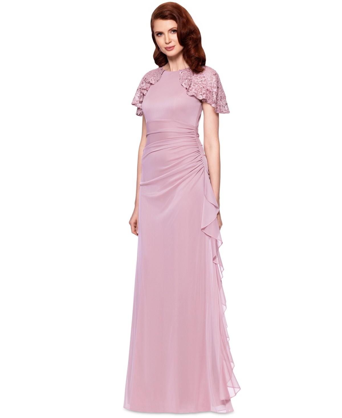 Betsy & Adam Draped Gown Lace Flutter Sleeve Ruched Ruffled Rose Pink Size 14