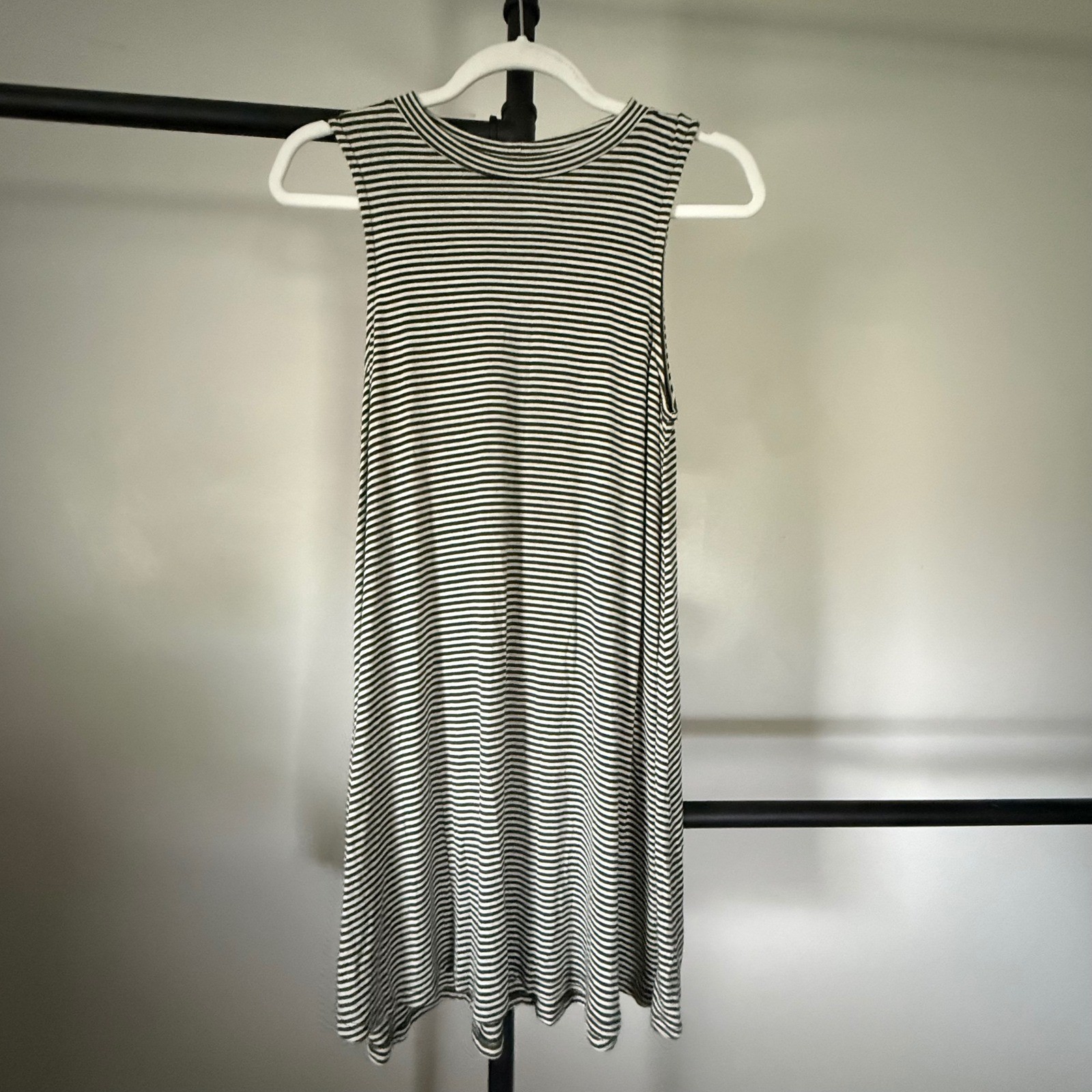 Sweet Wanderer Olive Green Striped Sleeveless Swing Dress Medium High Neck Flowy