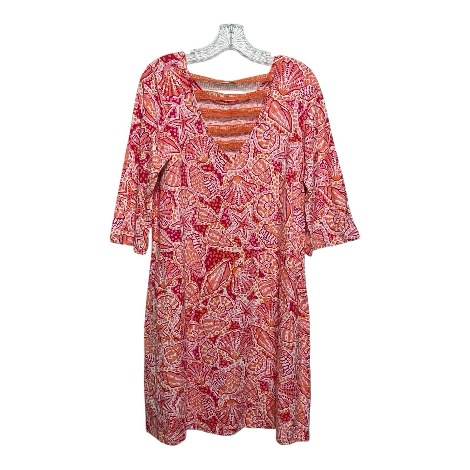 Hatley Pink Orange Seashell Print 3/4 Sleeve Shift Dress Women L/G