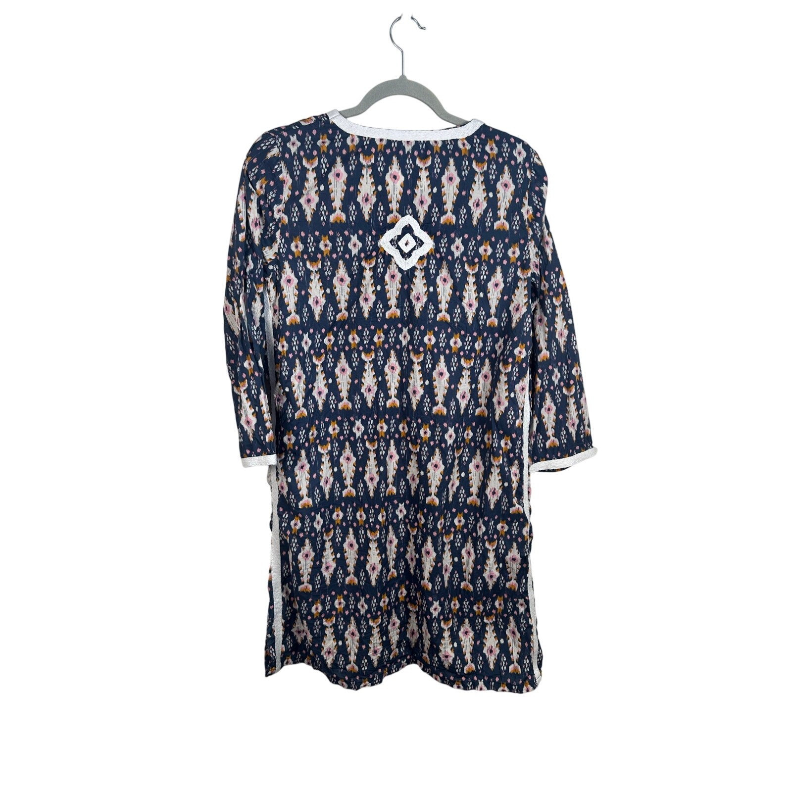 FIGUE Ella Tassel Ikat Mini Dress Tunic Boho Crochet Trim Pom Pink Blue Large