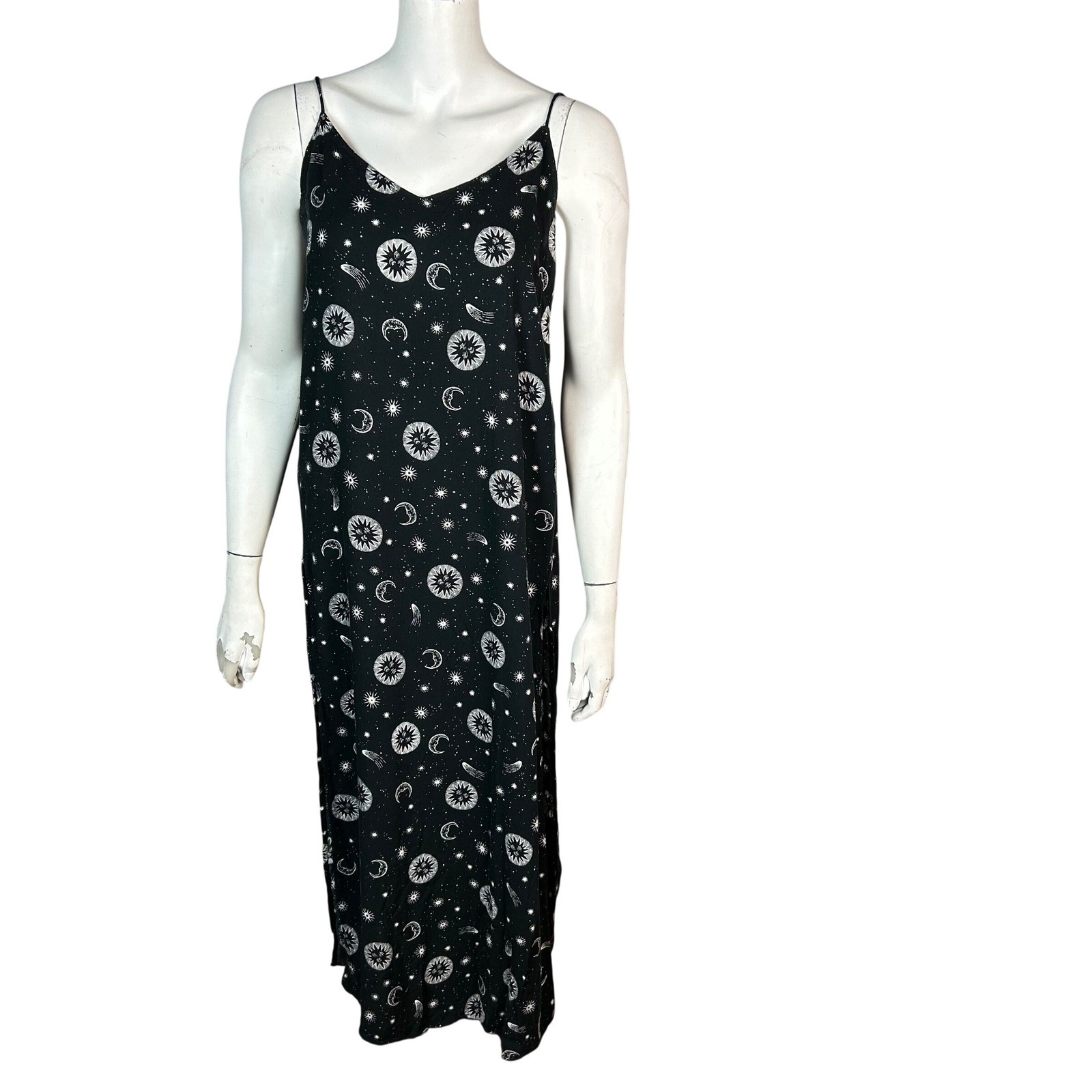 VTG Celestial Witchy Slip Dress Large Motel Black Moon Stars Maxi 90s Open Back