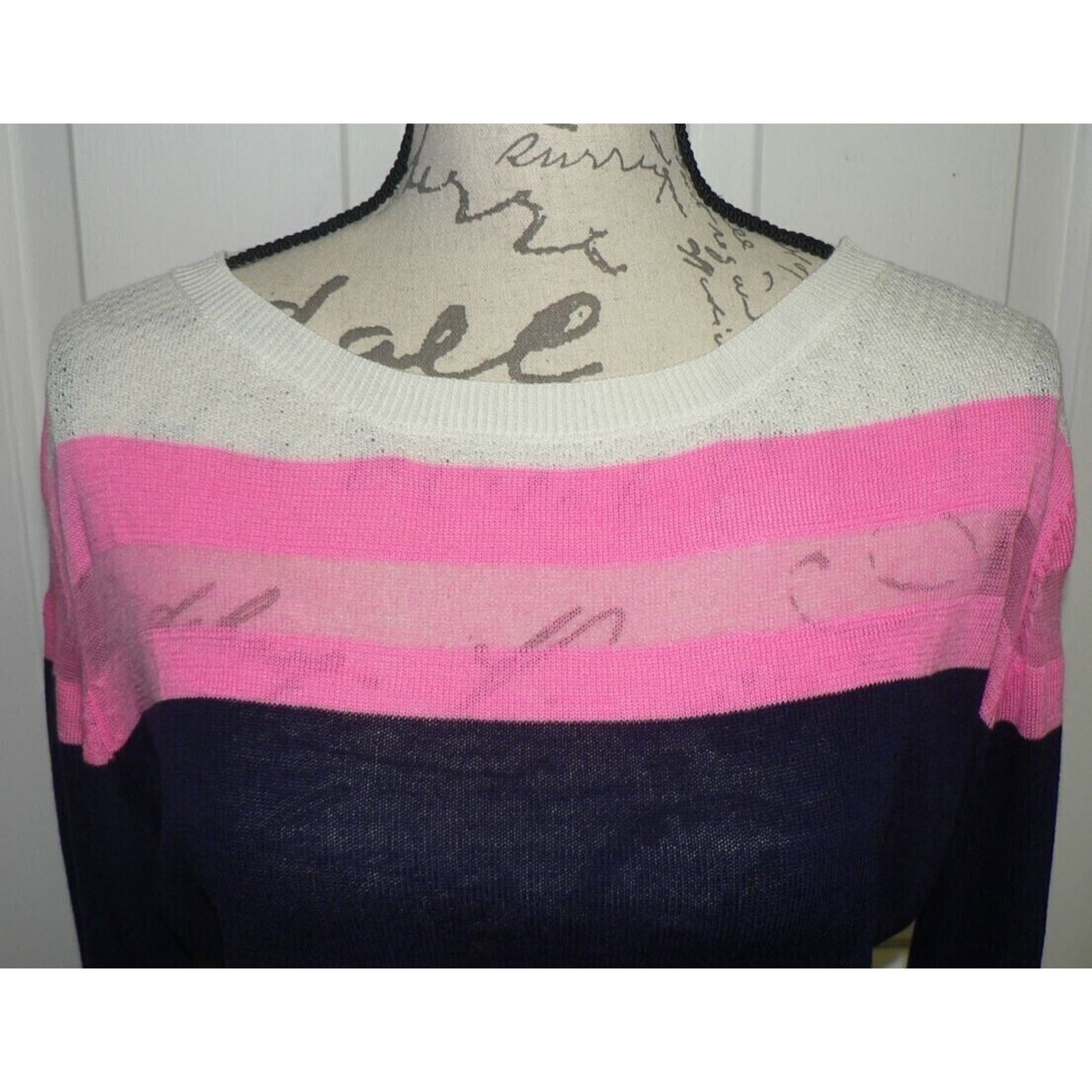 John + Jenn Lightweight Sheer Stripe Sweater Mini Dress Navy/Pink/Wht Medium $99