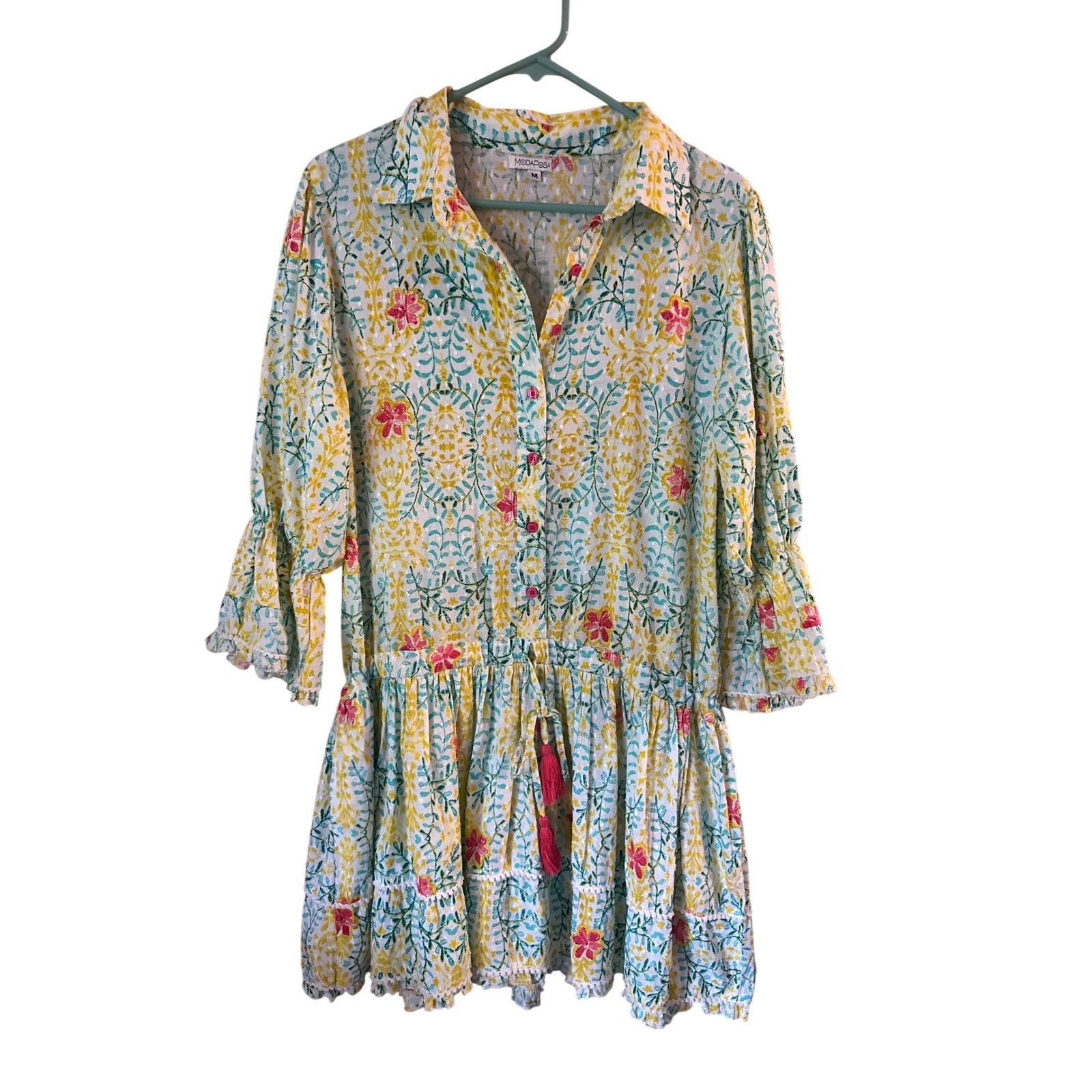 MODAPOSA Cottagecore Floral Block Print Cotton Boho Dress Yellow Teal Pink M