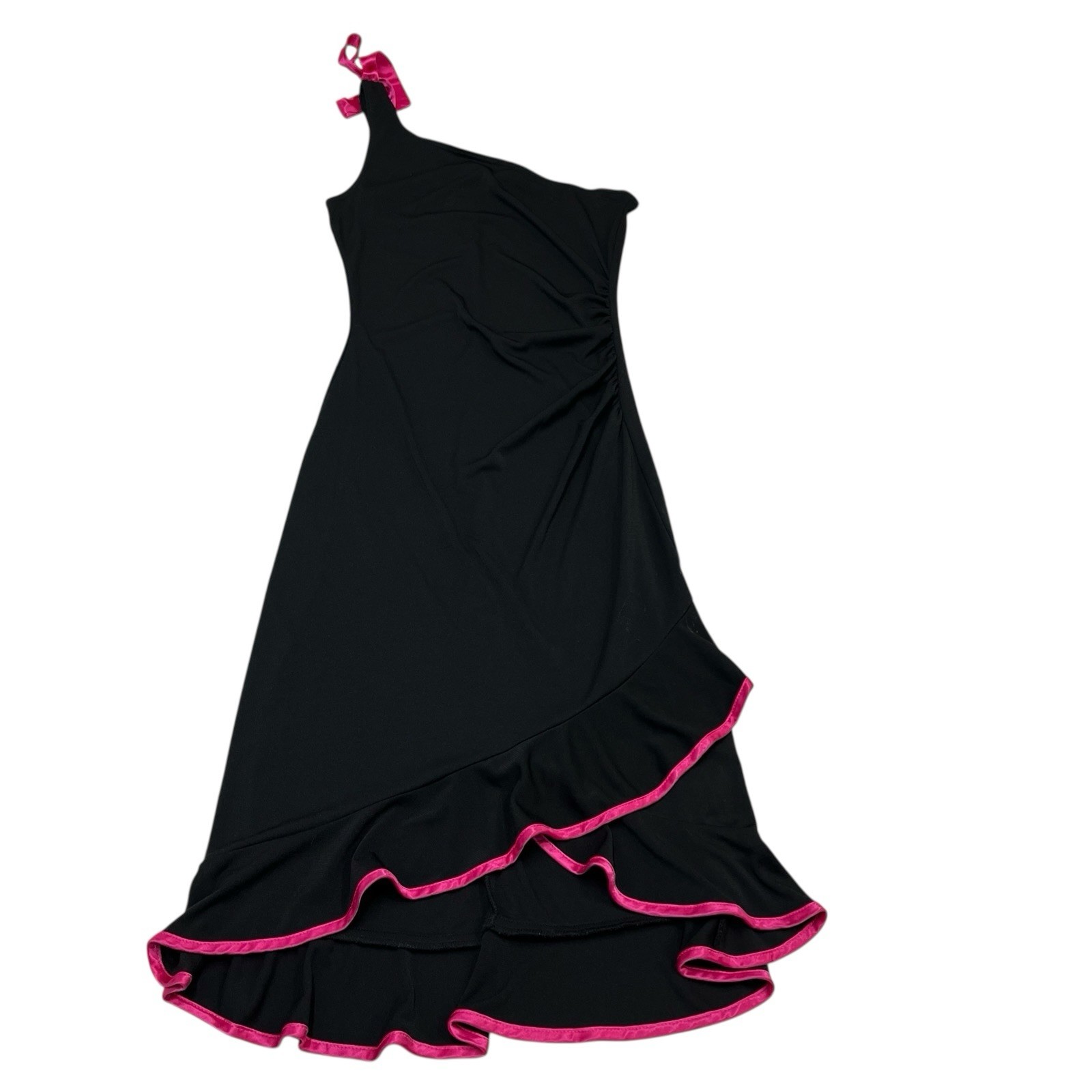 Vintage My Michelle Dress M Black One Shoulder Pink Satin Tiered Ruffle Y2K 90s