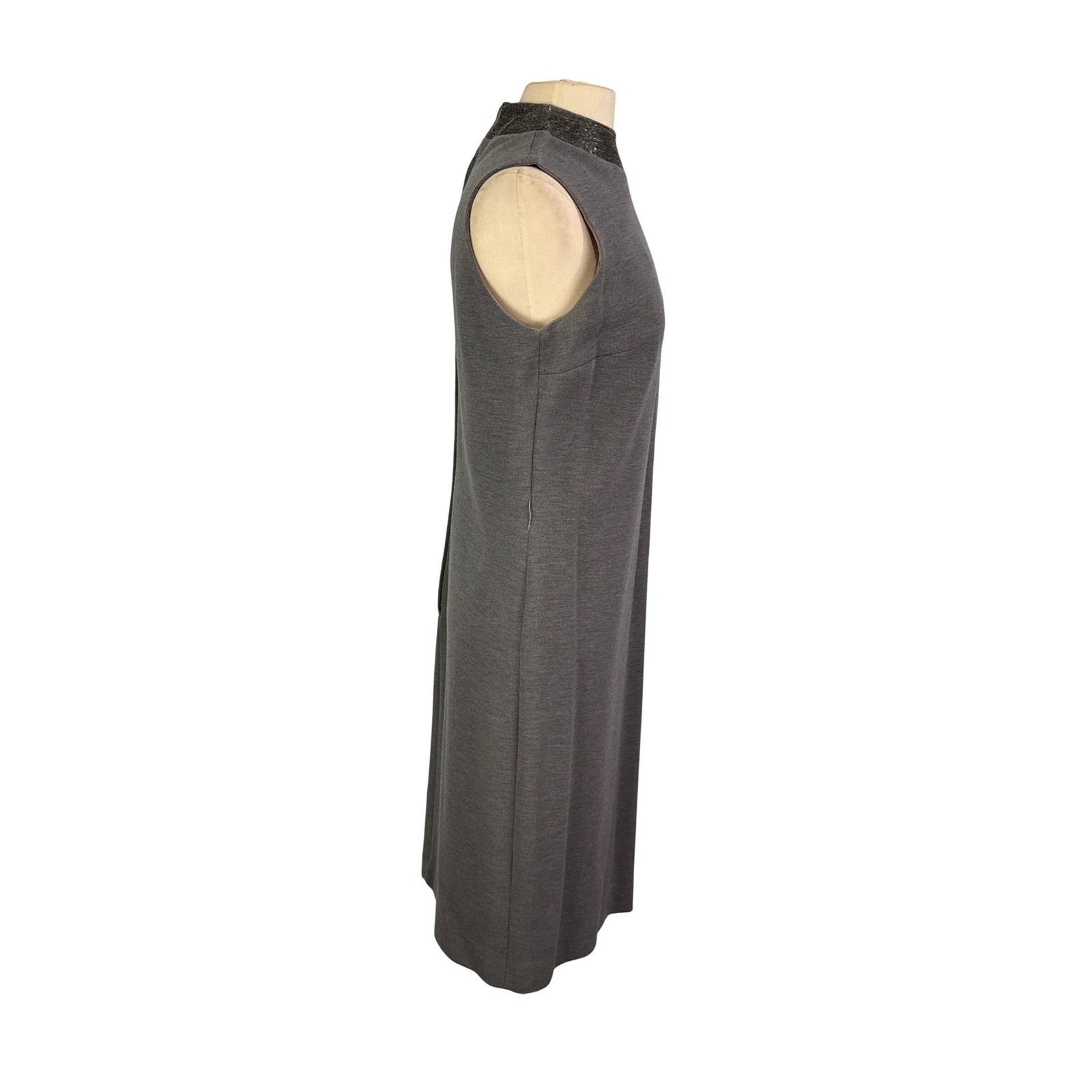 Vintage Grey Sleeveless Knit Sheath Dress Beaded Collar Bow Accent, 38 bust