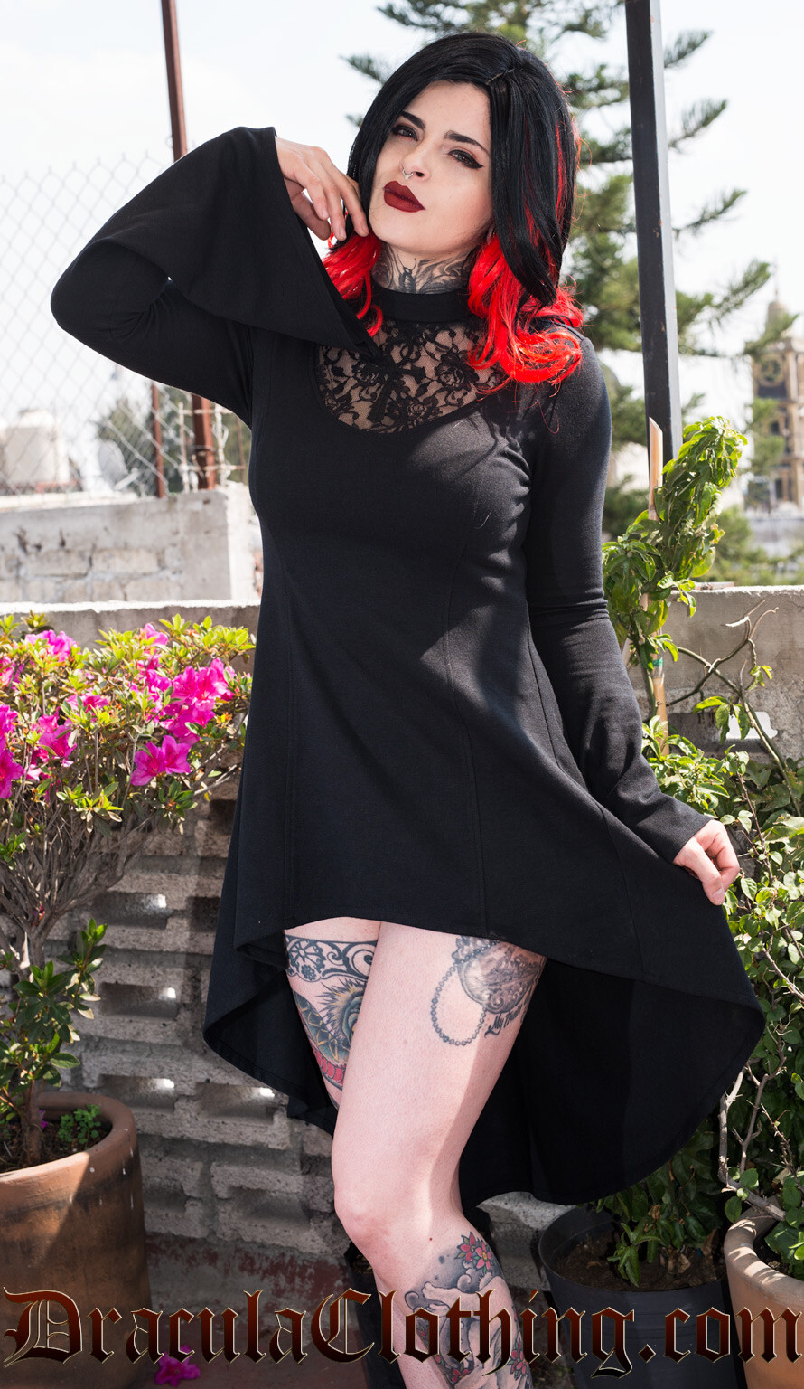 Dracula Clothing Ankh Cross Lace Bell Sleeve Goth Punk High Low Dress 29-14-ABC