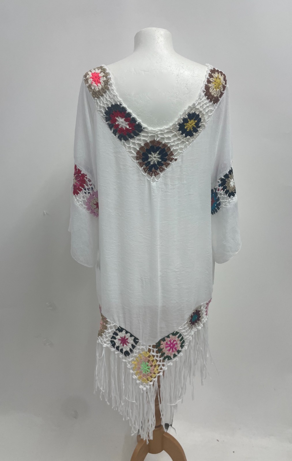 Bright Granny Squares Crochet Beach Summer Fringe Kimono Kaftan Tunic BNWOT