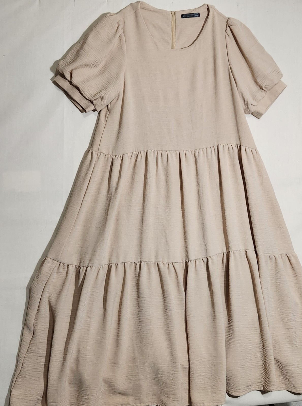 Dazy Beige Square Neck Puff Sleeve Tiered A-Line Midi Zip Polyester L