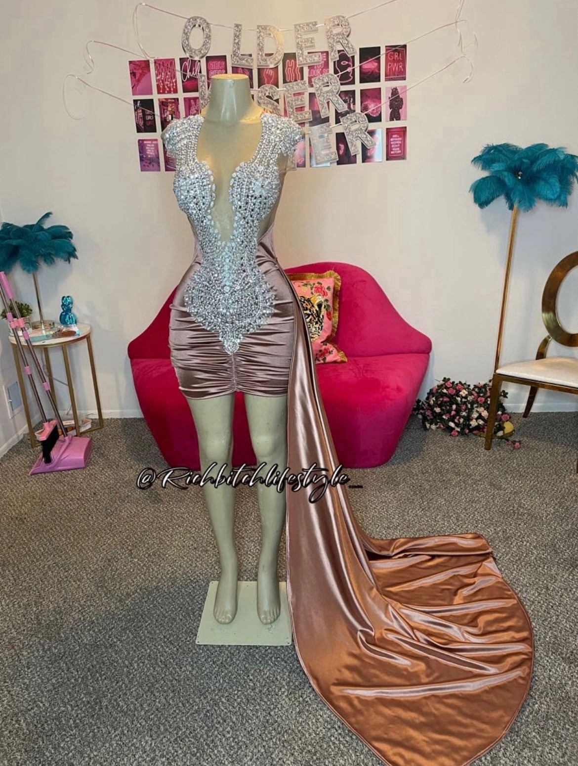 Richbitchlifestyle Rose Gold Silver Satin Beaded Hi-Low Bodycon Prom Dress