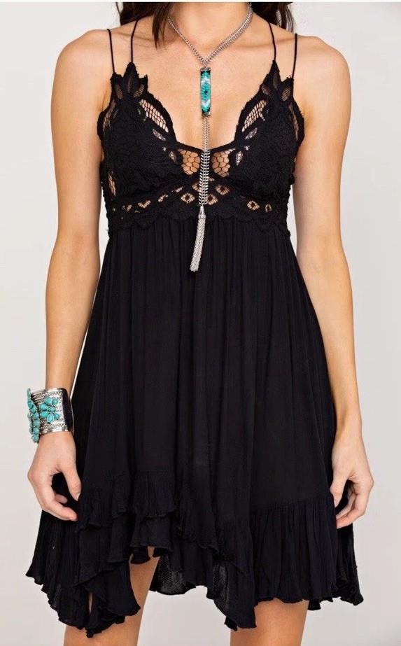 Free People Black Lace V-Neck Slip Dress Short Spaghetti Straps Size XS