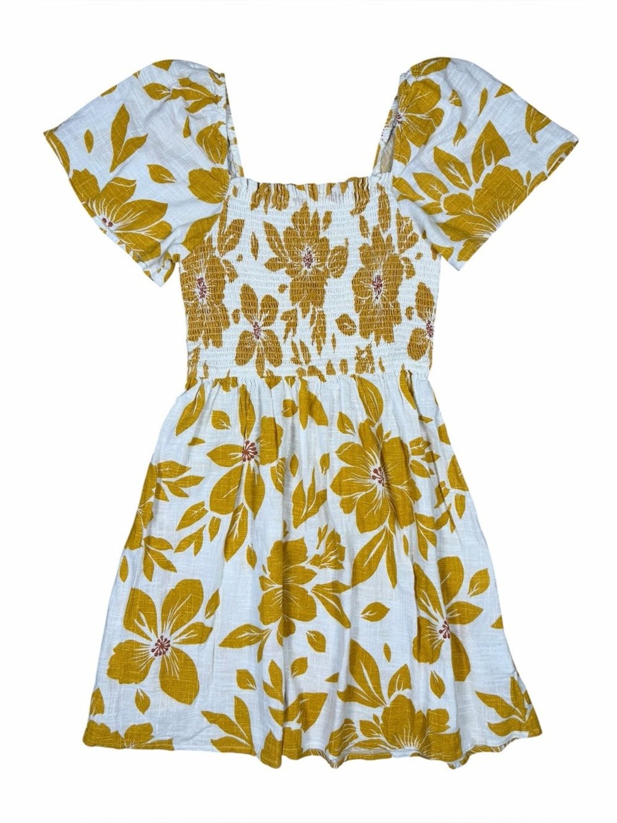 Rip Curl Mustard Floral Smocked Mini Dress | Size M