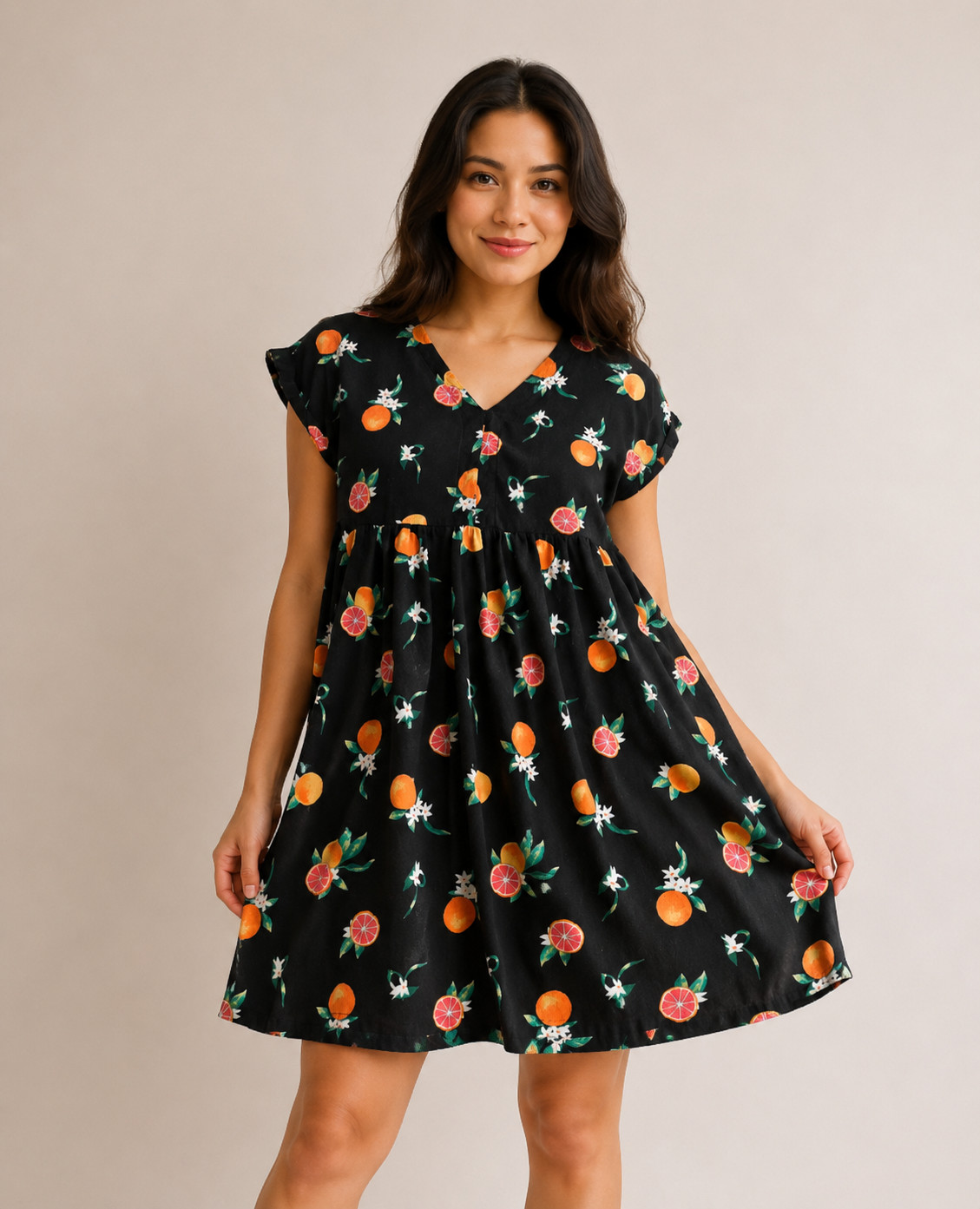 Dip Women’s Medium Black Citrus Print Dress Orange Lemon Floral Short Sleeve