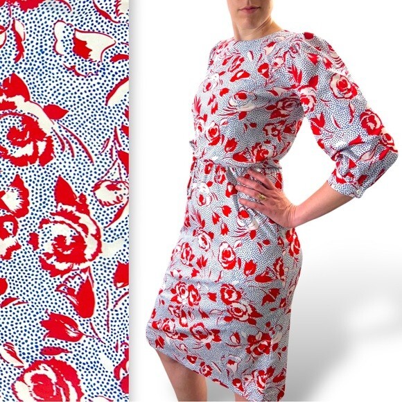 Pop Art Rose 70s 80s Vintage Polyester Dress Bedford Fair Red White Blue Mod M